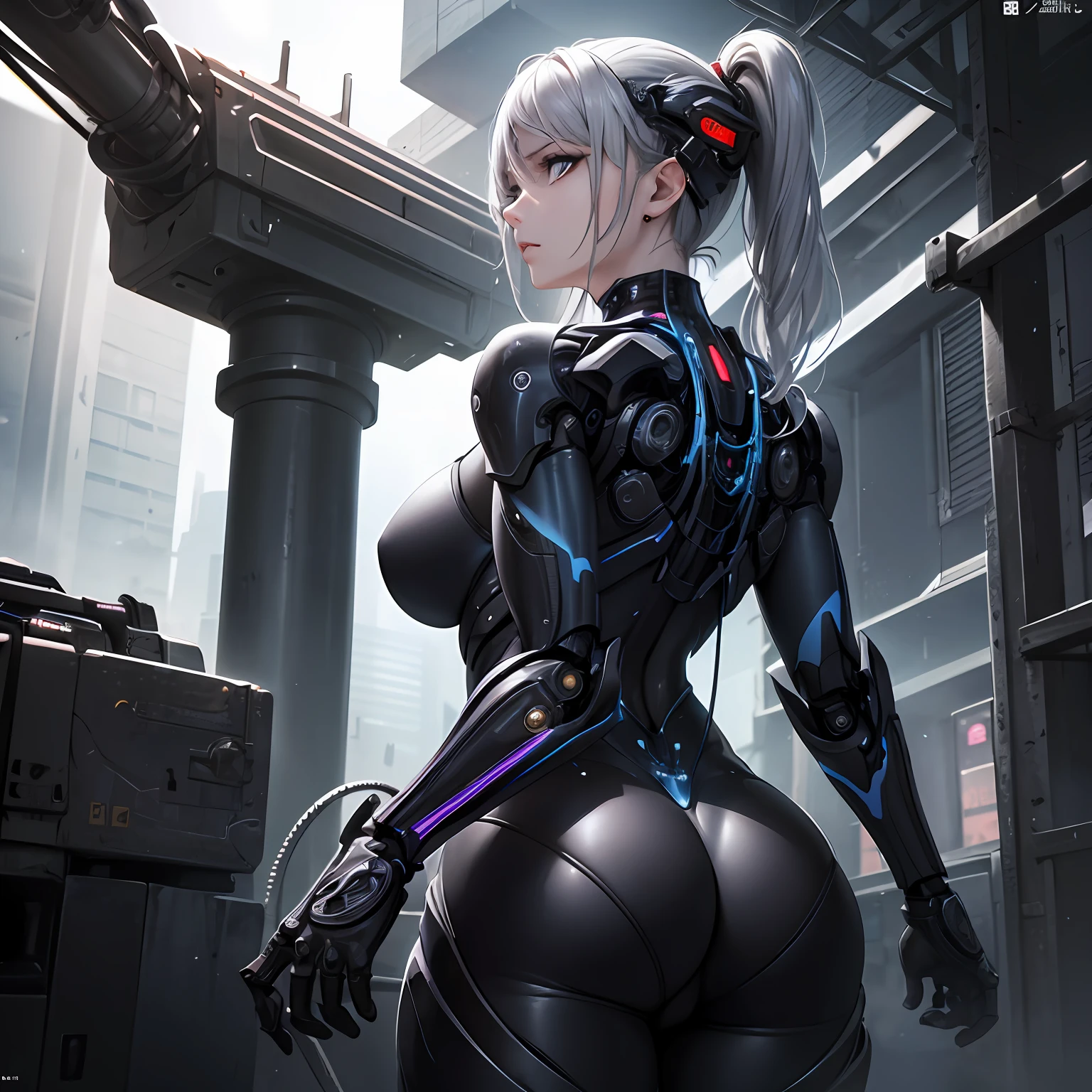Complex 3d rendering ultra detailed beautiful porcelain profile female android face、Cyborg、Armor equipment、robot parts、150 mm、Beautiful Studio Soft Lights、Rim Light、Vivid details、Luxury Cyberpunk、Lace、surrealistic、Anatomical、facial muscles、cables electric wires、Microchip、elegantly、a beautiful background、Octane render、HR Giger Style、8k、BEST QUALITY、A Masterpiece、A illustration、Extremely Delicate and Beautiful、Highly detailed、CG、Unification、wallpapers、(lifelike、photorealistic:1.37)、fantastic、finely detailed、A Masterpiece、BEST QUALITY、Official Art、Highly detailed CG unity 8k wallpapers、Absurdres、Incredibly absurd、a robot、Silver Halmet、((standding, Very sexy ass, stooping forward、))、from back((upper Body))、NIGHT、Ruins、Woman Engulfed in Blue Flames、glowing black eyes、Beautiful eyes with attention to detail、Silver hair blown by the cyberpunk wind、Intense angry look --auto