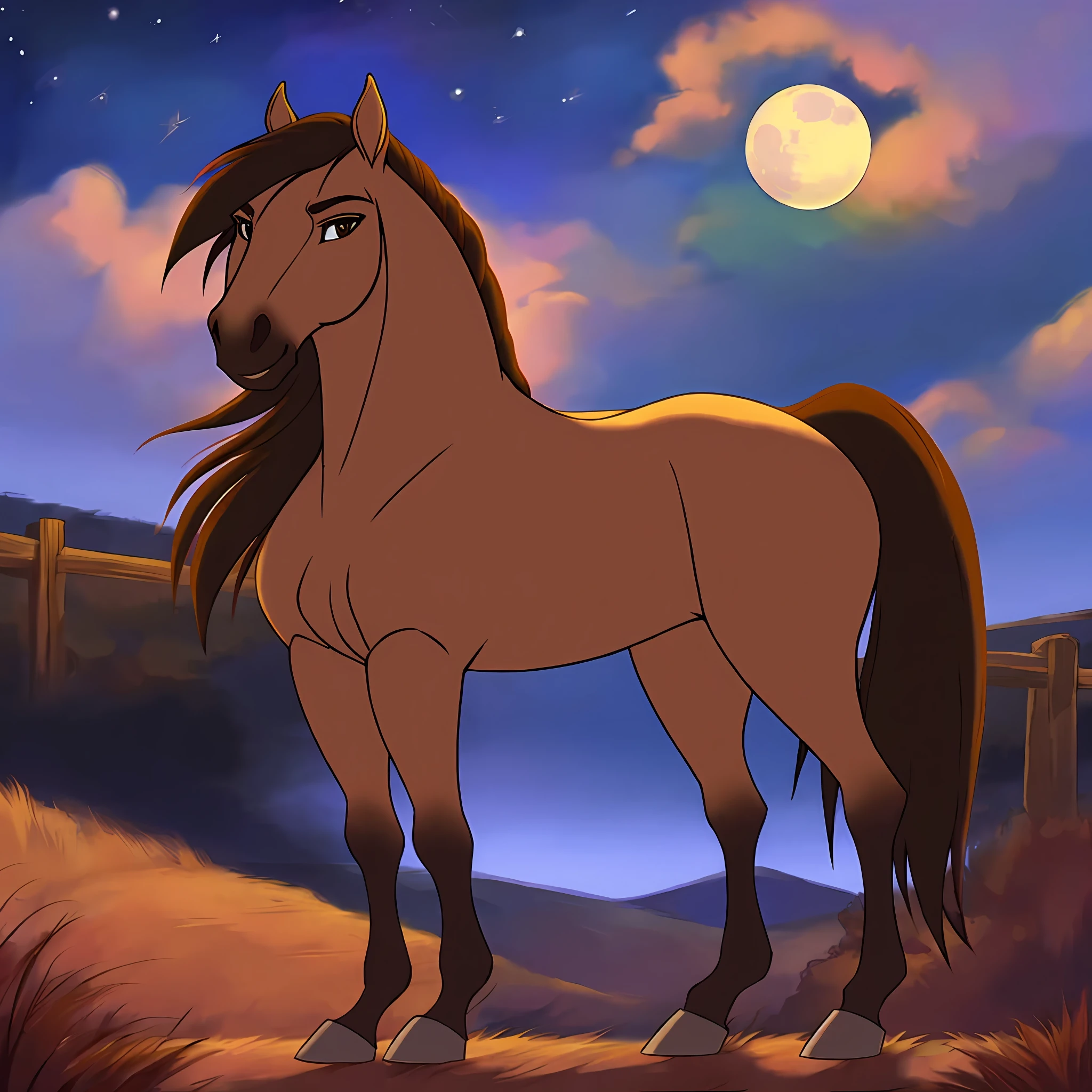 Spirit_from_spirit2002, a beautiful horse stands against the starry sky, a big moon, a lush mane, a starry sky, blue mountains, one horse, one head, four legs