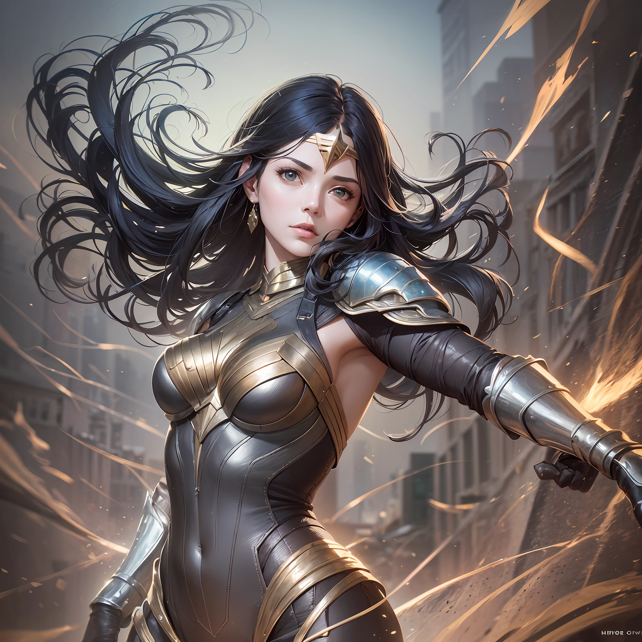 Gal Gadot in Wonder Woman's Blue Yellow and Red Costume, Medium Shot, Futuristic, Sci-Fi, Fantasy, Intricate, Very Beautiful, Elegant, Highly Detailed, Digital Painting, Artstation, Concept Art, Soft Light, Hdri, Soft Focus sharp, illustrative, 4k,  Combining a realistic CGI aesthetic and Matt Reeves-inspired sci-fi fantasy backlighting, The beautiful and highly detailed piece elegant yet powerful, with every detail of the iconic suit enhanced by harsh, diffuse light emanating from an HDRI. The art style is sophisticated and polished, with soft, sharp focus reminiscent of the best work done in Adobe Photoshop. The composition uses a long exposure technique, creating a blurred effect in the background of an old town that accentuates the sharpness and focus of the protagonist. The chaos level is set to 60, infusing the scene with a sense of dynamism and energy. Cellular Shading, Tone Mapping, CGI, VFX, SFX, Incredibly Detailed & Intricate, Hypermaximalist, Dynamic Pose, Photography, Volumetric, Ultra Detailed, Intricately Detailed, Super Detailed, Ambient Light, hyperrealistic Photography --auto --s2