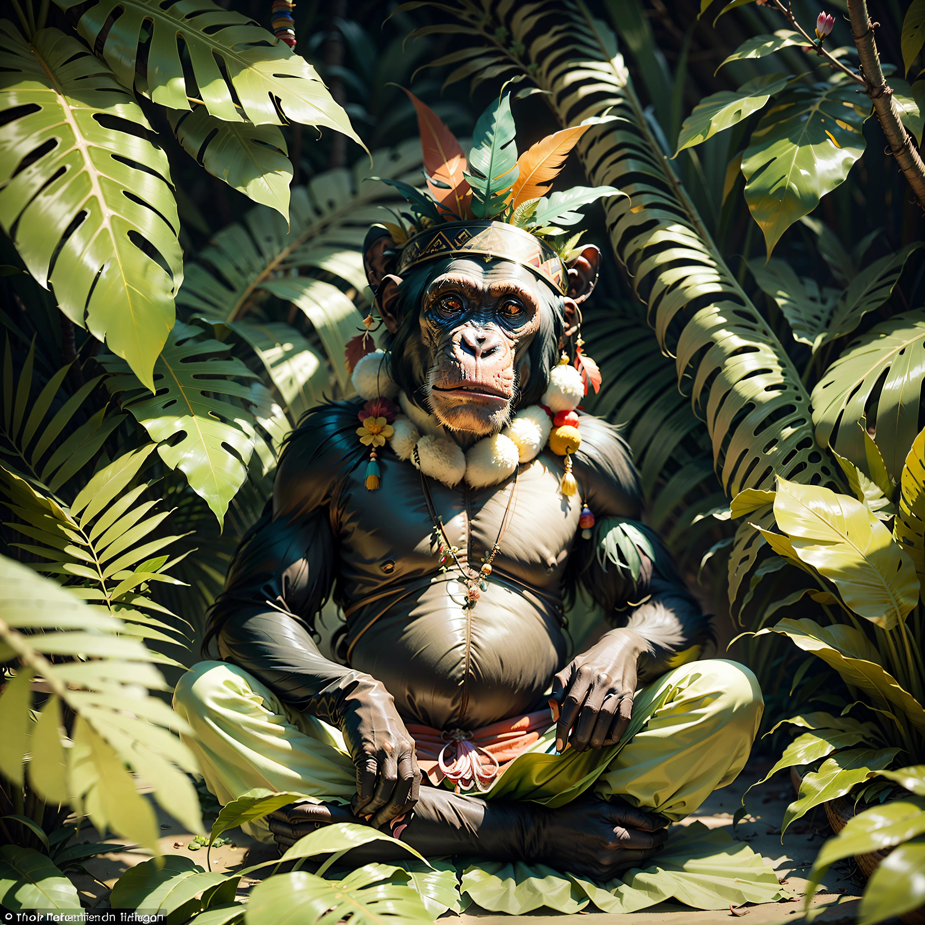 Indigenous chimpanzee with headdress on his head, headdress with many colorful feathers and flowers, meditating in the dense tropical jungle