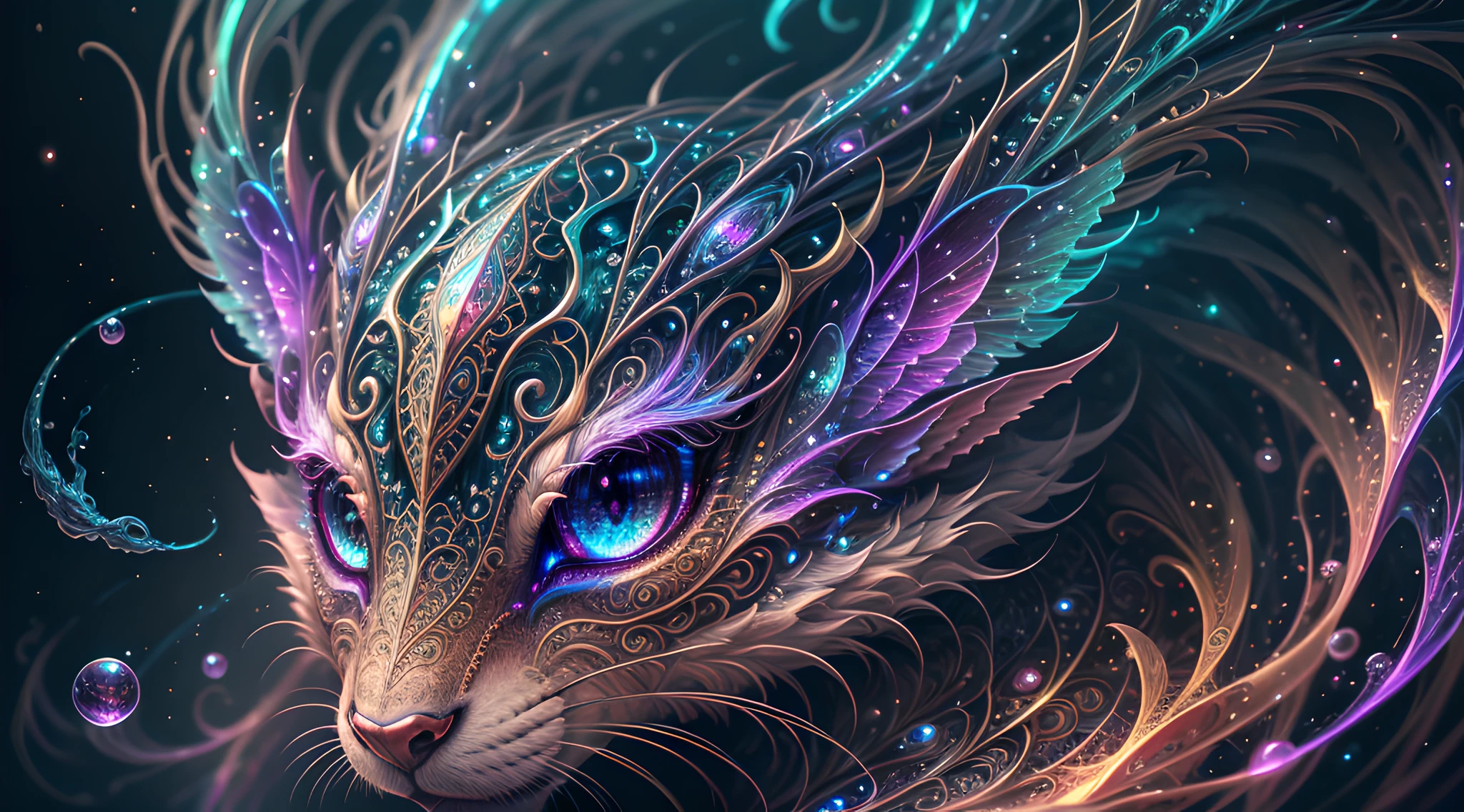 Generate a beautiful magical creature. The creature should be majestic and stunning with hires eyes and lots of intricate fantasy details. Include 8k eyes, highly detailed eyes, extremely detailed eyes, macro eyes, bright clear eyes, and sharp eyes. The image should be a masterpiece and contain fantasy vibes and phantasmal iridescence. Include many bright colors.
