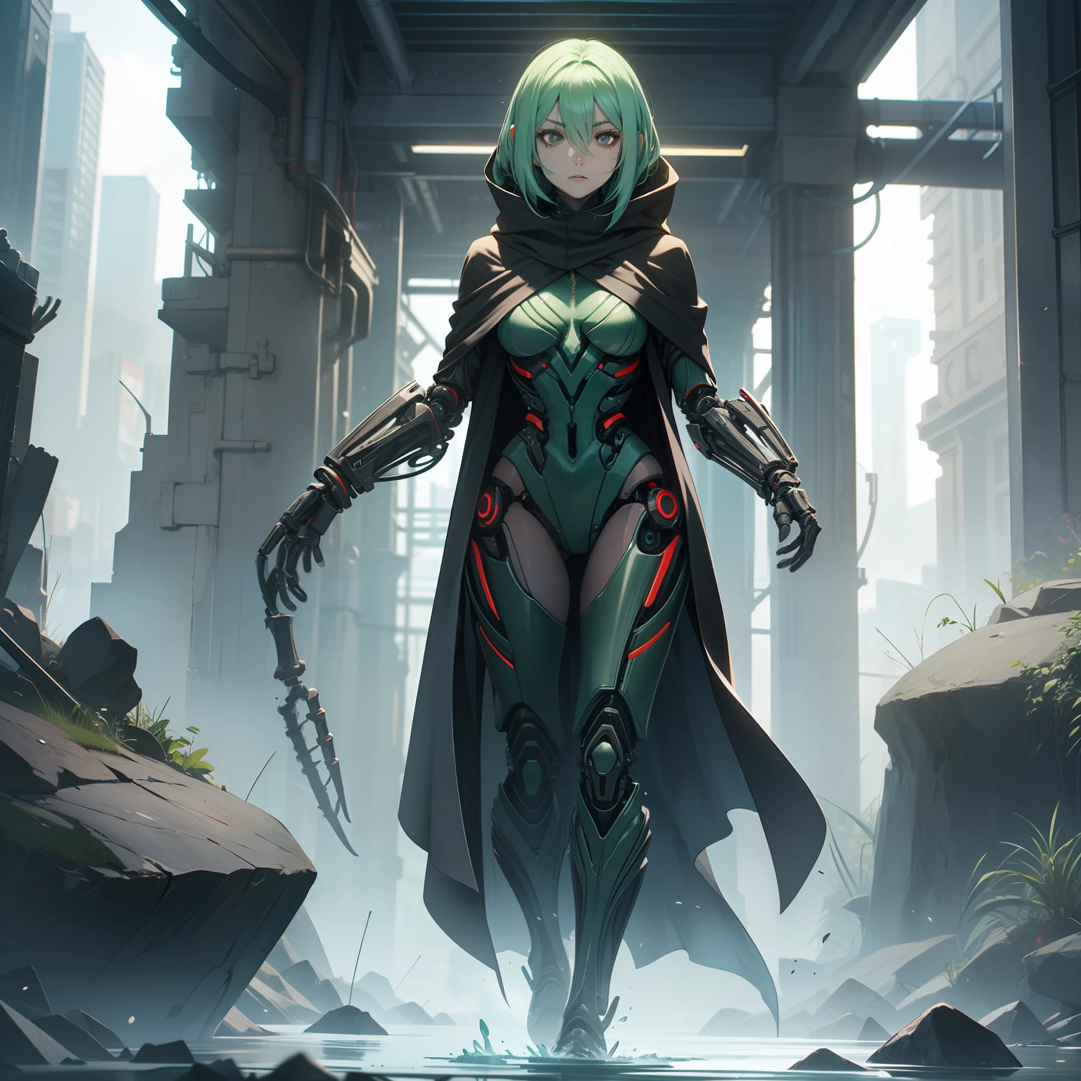 36-year-old woman, humanoid alien biomechanical appearance, porcelain-colored skin, lake charcoal green hair, completely black eyes, black cloak covering her body, serious countenance