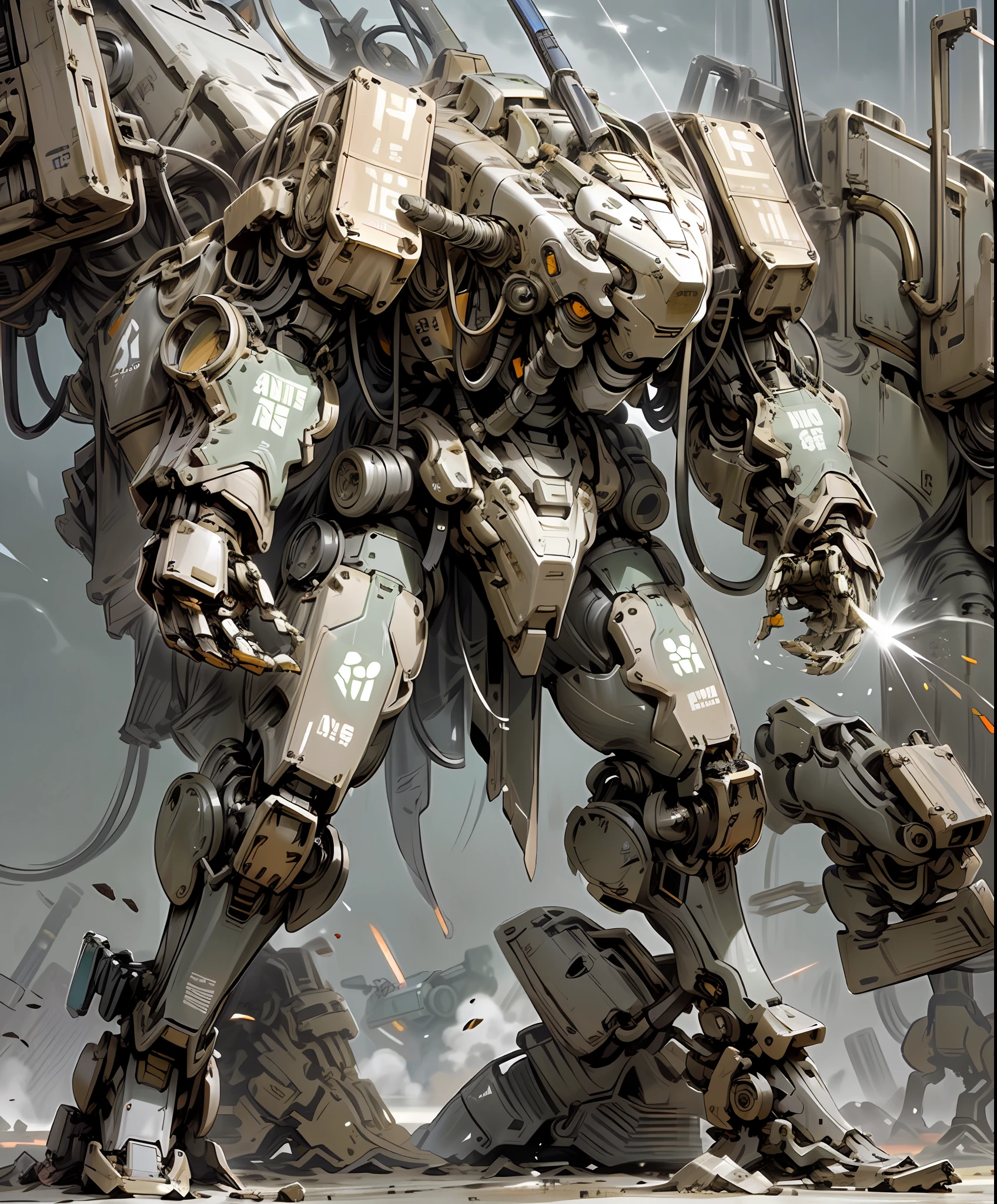 a close up of a robot with a gun on a gray background, metal gear mech, mech concept art, mech shaped like a manatee, tank with legs, mecha animal, mech body, war robot, wolf armor mech, mech robot, mech, sci-fi mech, battle mech, mech robot futuristic, military robot, mechanized art concept