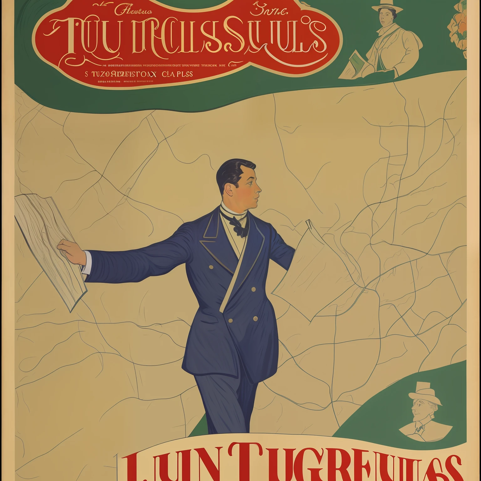 a painting of a man holding a map, theatrical poster, toulouse lautrec, movie poster, filmposter, art du xixe siècle, by Henri de Toulouse-Lautrec, movie poster, henri de toulouse - lautrec, poster with vibrant colors, high definition, 4k, best definition