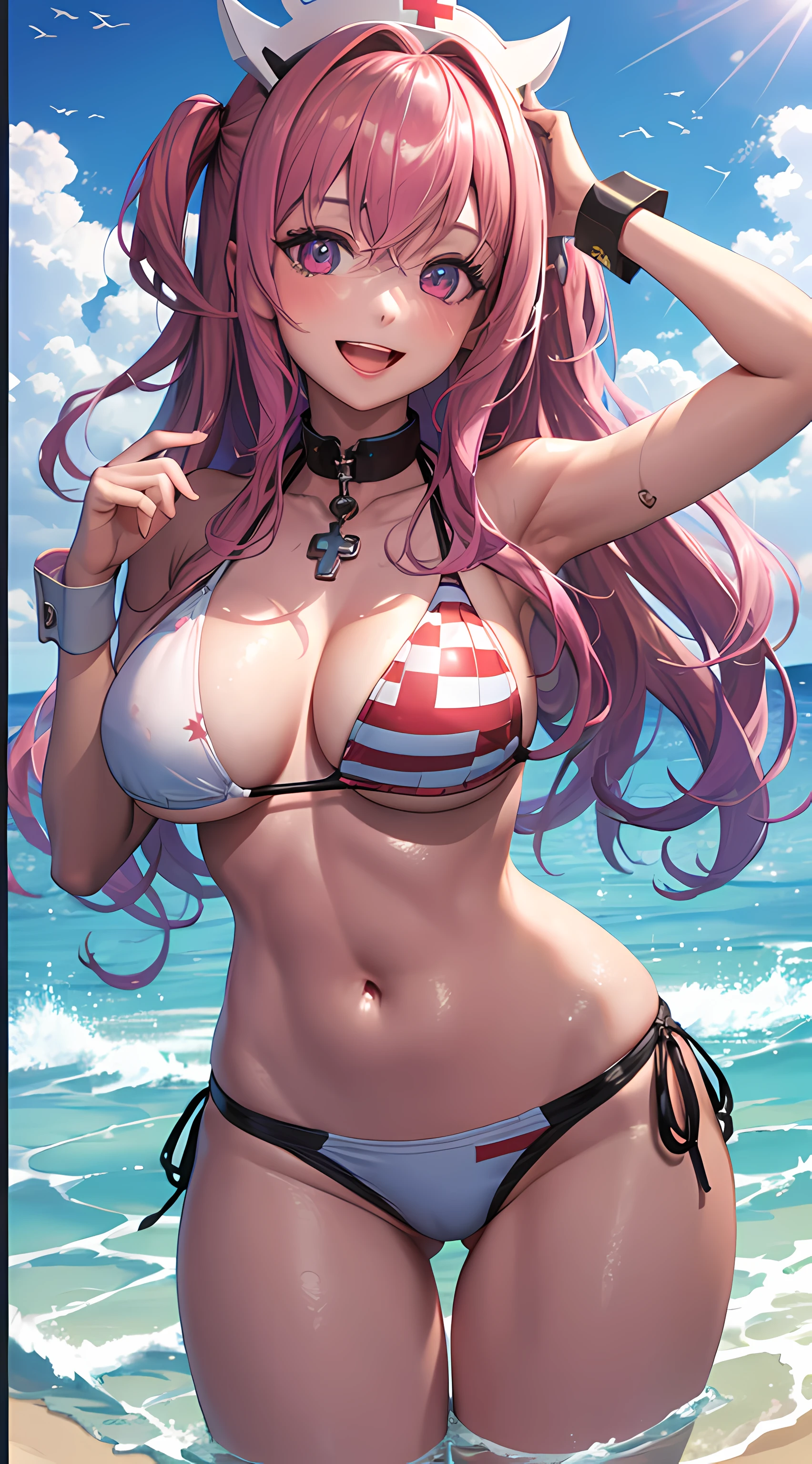 Best Quality, Masterpiece, 1girl, Solo, Pepper Swim, Standing, :d, Wrist Cuffs, Chest Holds, Normal Breasts, Normal Thigh, Asymmetrical Bikini, Red Cross,