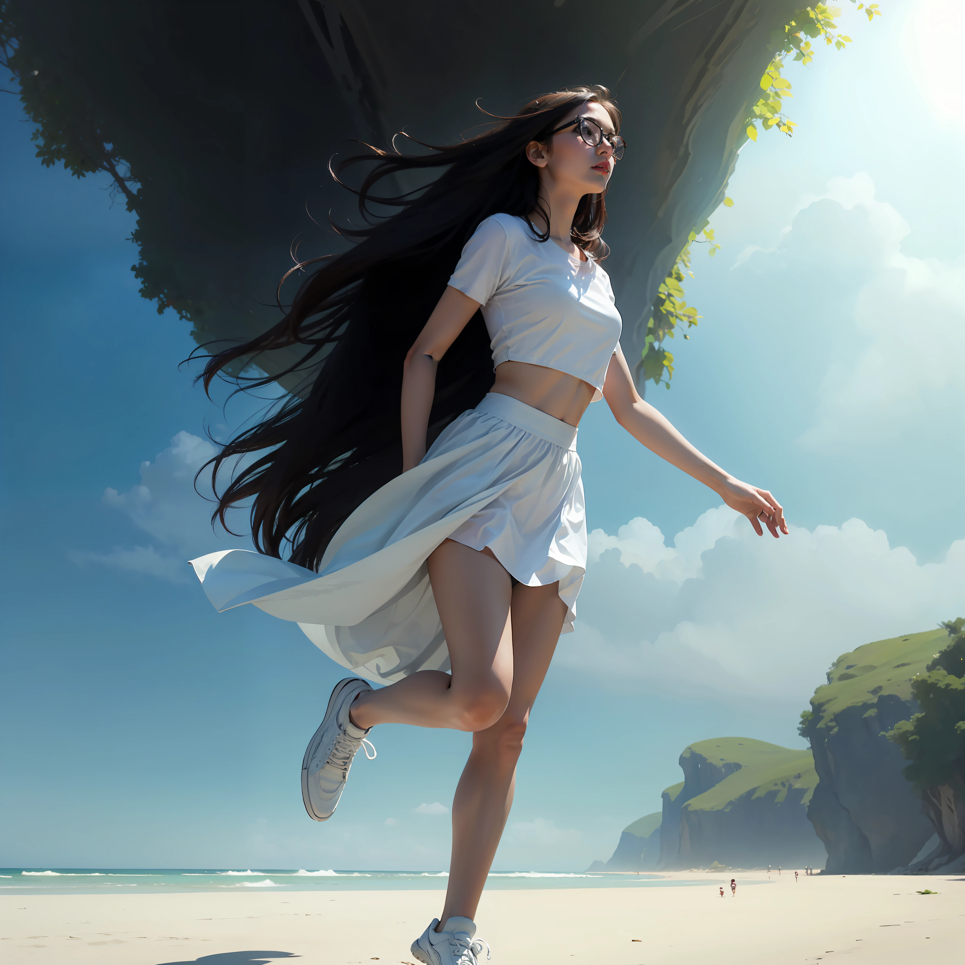 A young girl with glasses, long hair, wearing white shirt and blue skirt, running through the beach, digital painting, 8k, realistic art, background beach,.