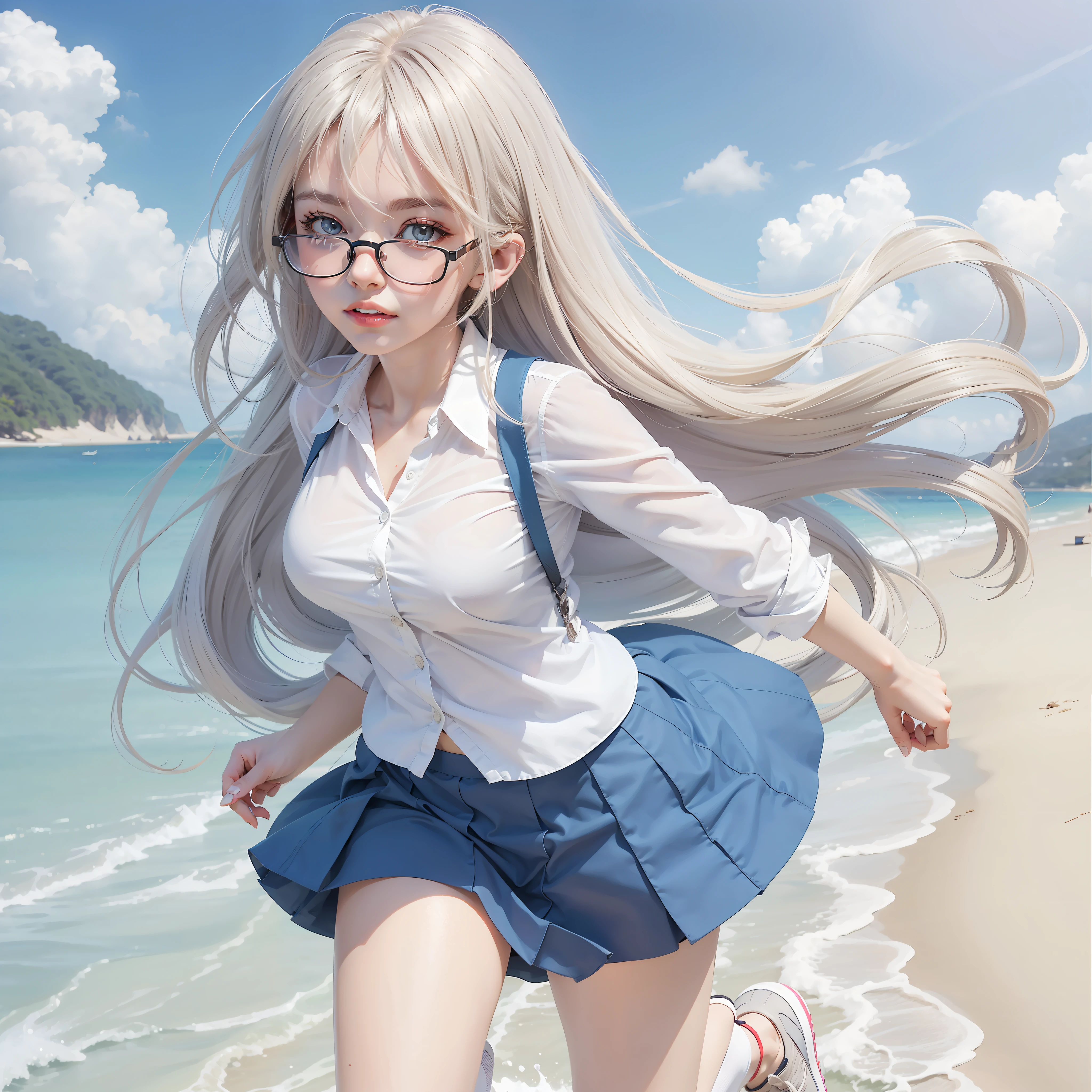 A young girl with glasses, long hair, wearing white shirt and blue skirt, running through the beach, digital painting, 8k, realistic art, background beach,.