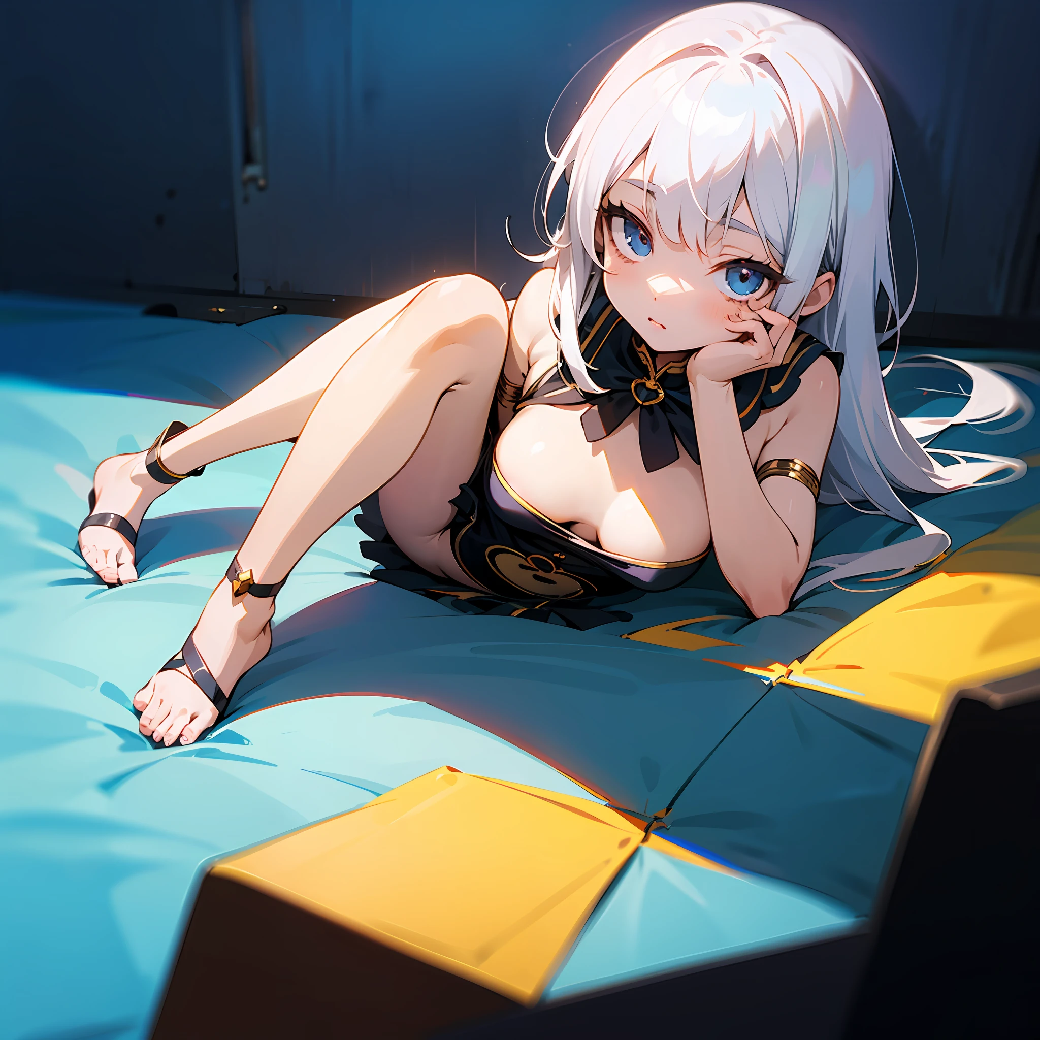 ((Best illustration)), super clear and delicate, lying position, style, white hair, clear eyes, small body, big breasts, with leg rings.