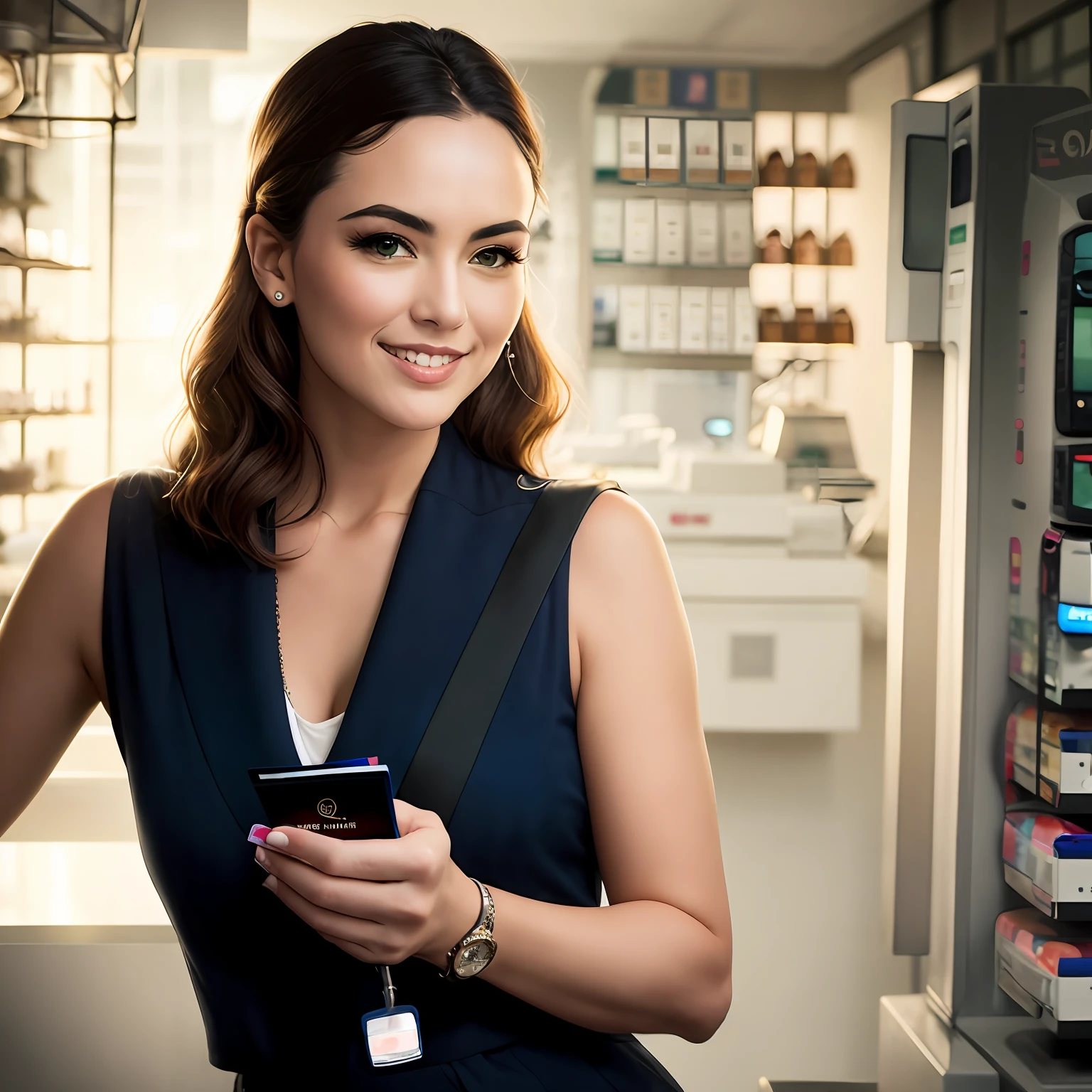 There is a woman who is holding a credit card machine in her hand, she is holding a card machine, well-lit professional photo, cool marketing photo, publicity photo, smart look, elegant look, promotional portrait, still, promotional image, sensational, beautiful woman, beautiful female jade tailor, TV show still, commercial photo, green clothing --auto