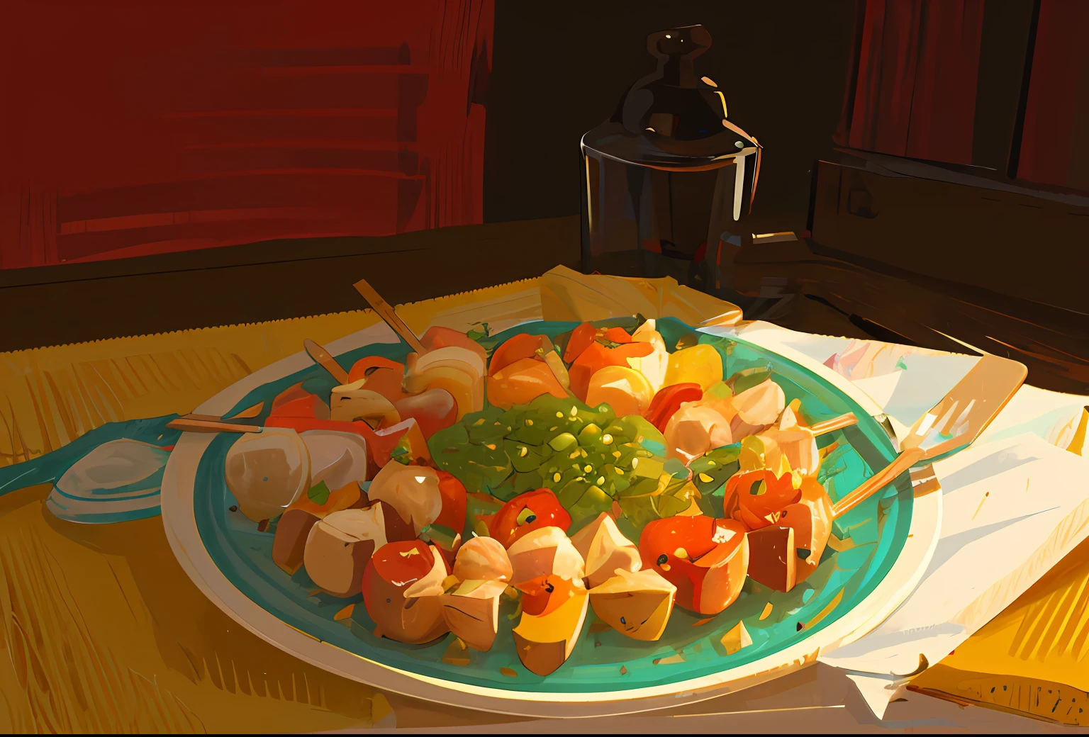flat illustration, a dish with 4 juicy skewers, a bottle of olive oil and a pepper grinder in the background,warm color, bright background, flat illustration, , attractive, beautiful --v6