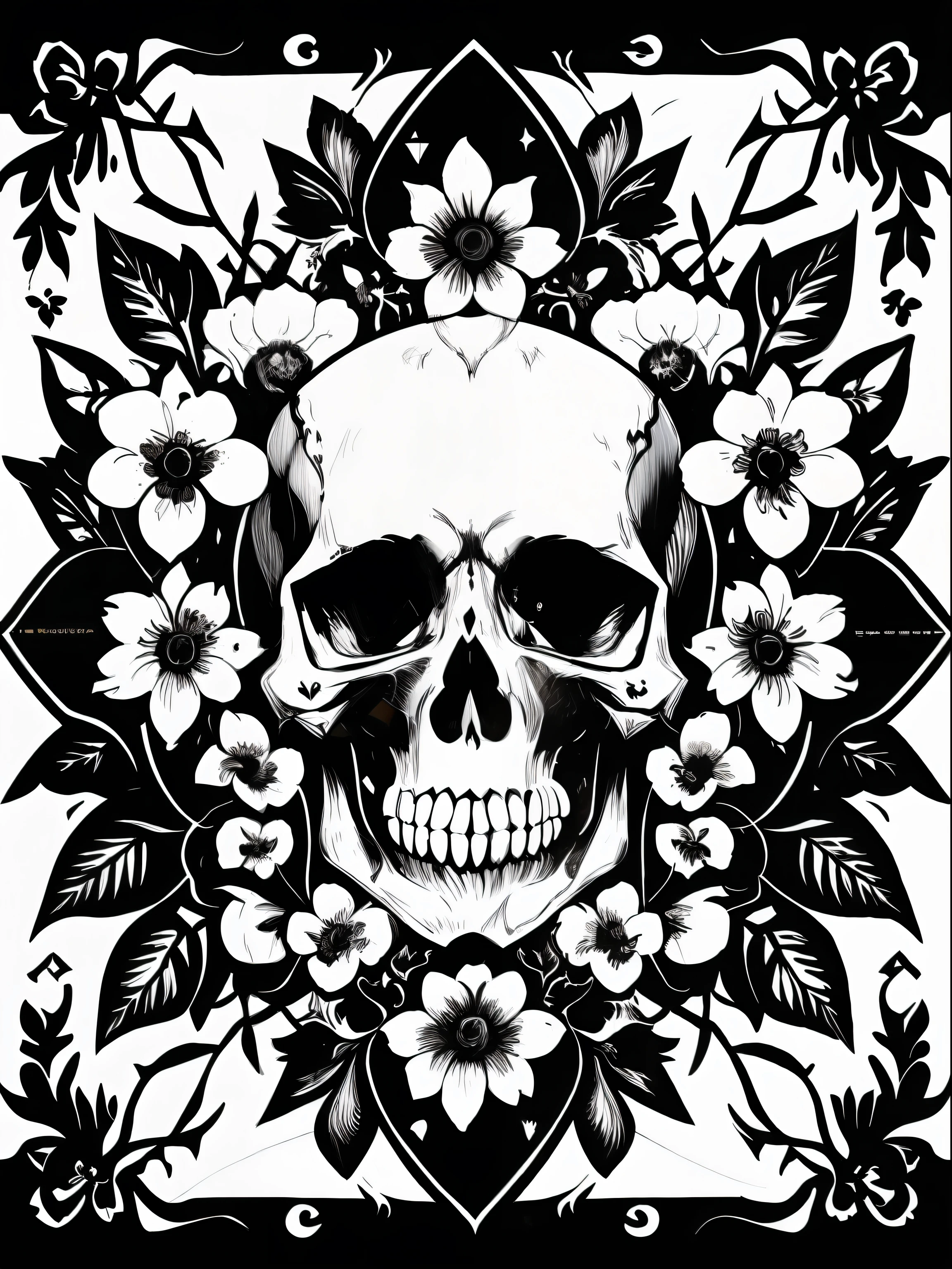 (Best quality), (masterpiece), (ultra detailed), (high detail), (extremely detailed), ghoul skull + black and white ink + detailed texture + magic + symmetrical + symmetry + bouquet of flowers + flowers + vines + detailed ink illustration + rebirth symbols + tarot card with ornate border frame + dark atmosphere + flowers + white, black and white background, coloring page, vector, black and white, 8k