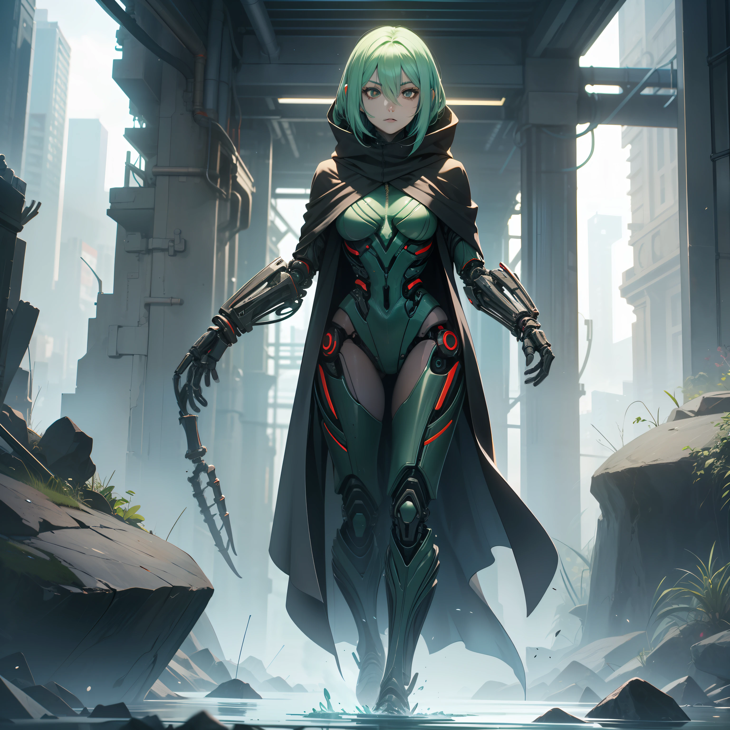 36-year-old woman, humanoid alien biomechanical appearance, porcelain-colored skin, lake charcoal green hair, completely black eyes, black cloak covering her body, serious countenance