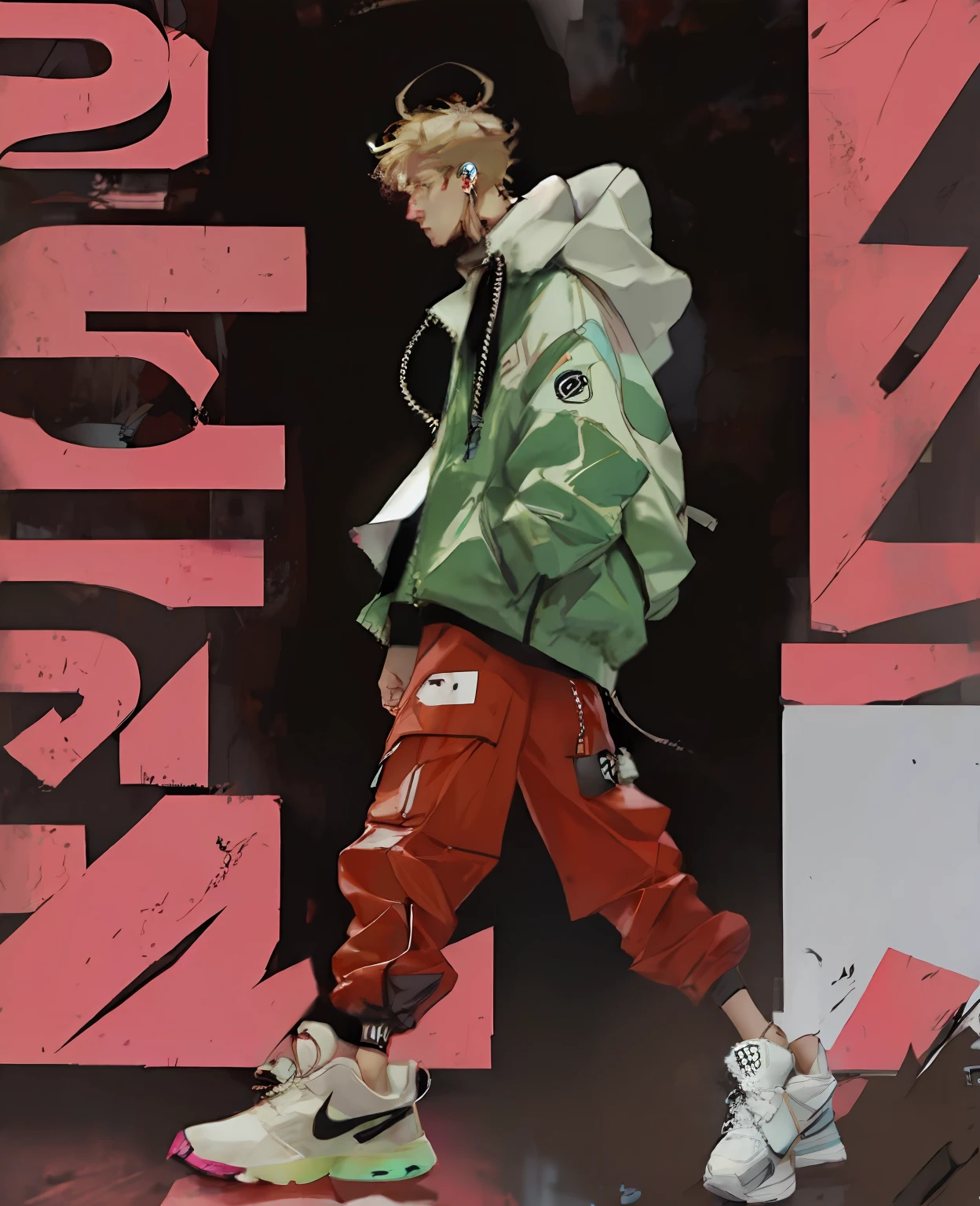 cartoon of a full body portrait of the character, unrealistic character concept, digital character illustration, man walking around with headphones and holding a cell phone, 17 year old boy, model, fashion, cyberpunk, hip hop, holographic headphone, cyberpunk cell phone, big sneakers, neon sneakers, white coat, red shirt, green eyes, super short hair, blonde, thin, tall