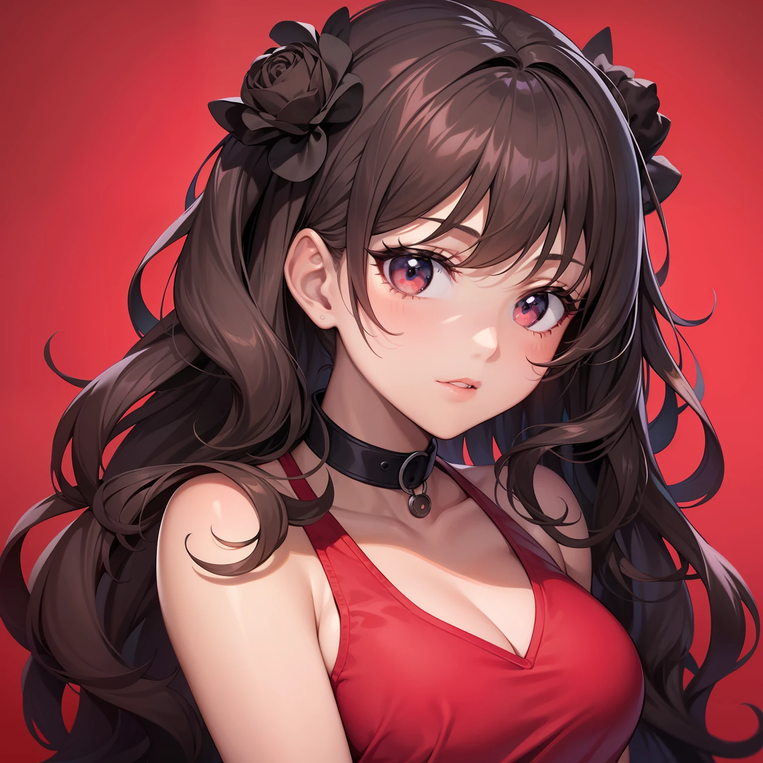A latin black girl with dark brown curly hair, looking at the camera, 80s anime vibe, 80s anime art style, retro anime girl, red background, dark aesthetic, goth aesthetic, emo, max quality, 8K