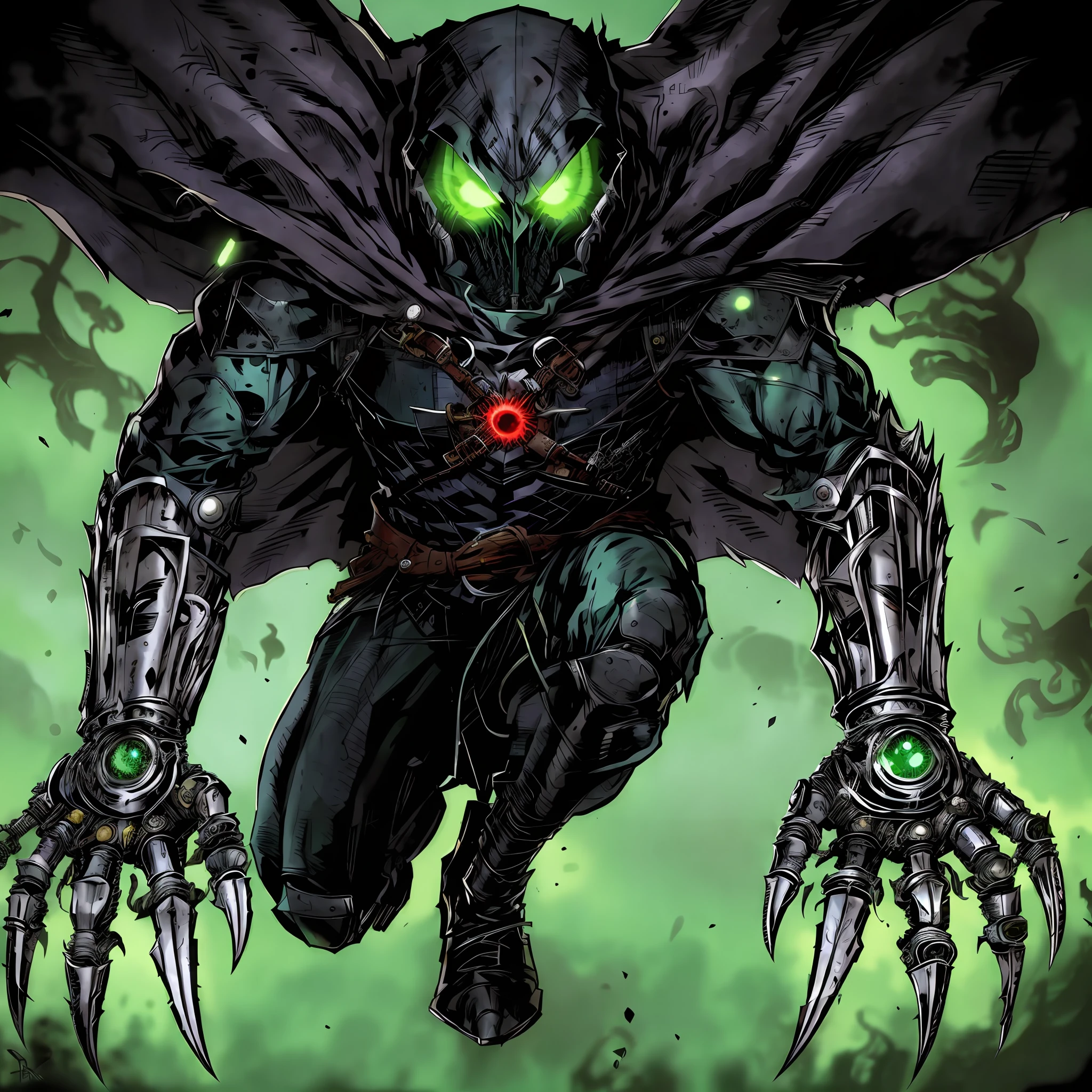 a close up of a person with a green eye and a black costume, hooded, cyborg dr doom in ornate armour, jason fabok. greg staples, dark supervillain, jason fabok, spawn, doctor doom, as illustrated in top cow comics, iron claws, supervillain, cyborg satan, menacing look, clothed in stealth armor, berserk skullknight black armor