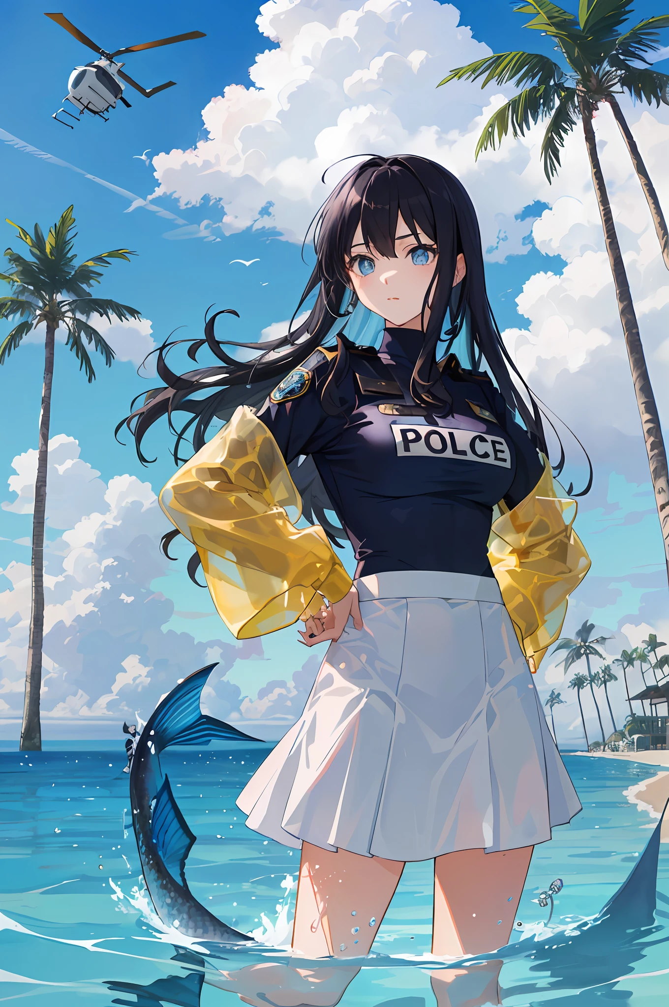 art by Cornflower, dreamy, (A beautiful, teenaged, anime-style girl with blue eyes and long, black hair, wearing a pale yellow, shiny, long-sleeved, open-chest, long skirt swimming suit with a pink, white, and yellow, heart on it is posing with her hands on her hips, in front of a beach and a bright, blue sky with clouds in it, there are palm trees in the background on both sides of the picture, and there are lots of blue and yellow fish swimming in the ocean, and there is a police helicopter with lights on it flying over the girl)