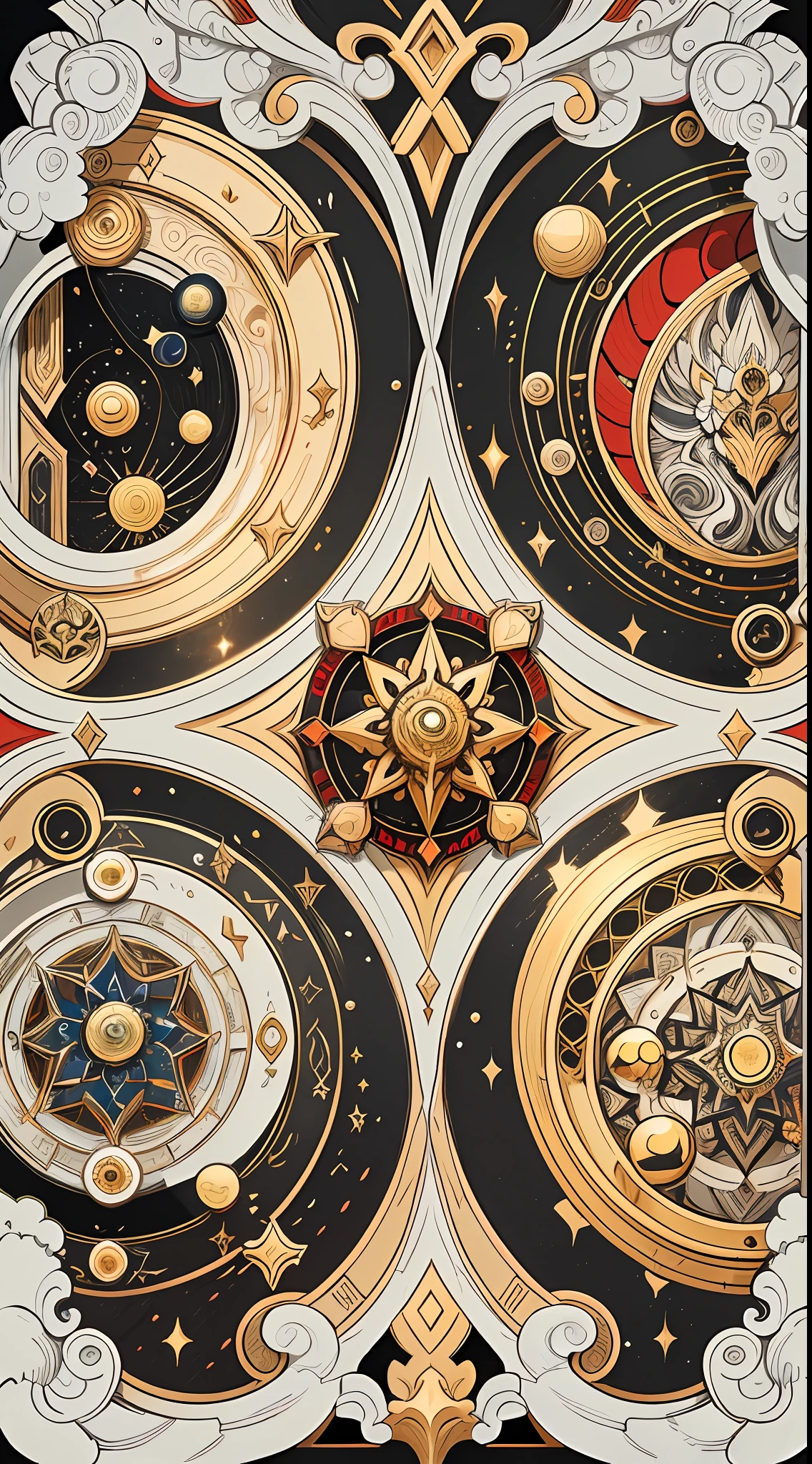 official art, 8k unit wallpaper, ultra detailed, beautiful and aesthetic, high quality, beautiful, masterpiece, best quality (zentangle, mandala, tangled, tangled: 0.6), symmetrical, symmetrical, mandala with the symbol of the 12 signs of the zodiac (zodiac symbol: 1.0), symbolization of the planets and orbits, Sun in the center. symmetrical, fibonacci, golden ratio. Supplementary color: black, red, silver, gold, iconographic genshin impact