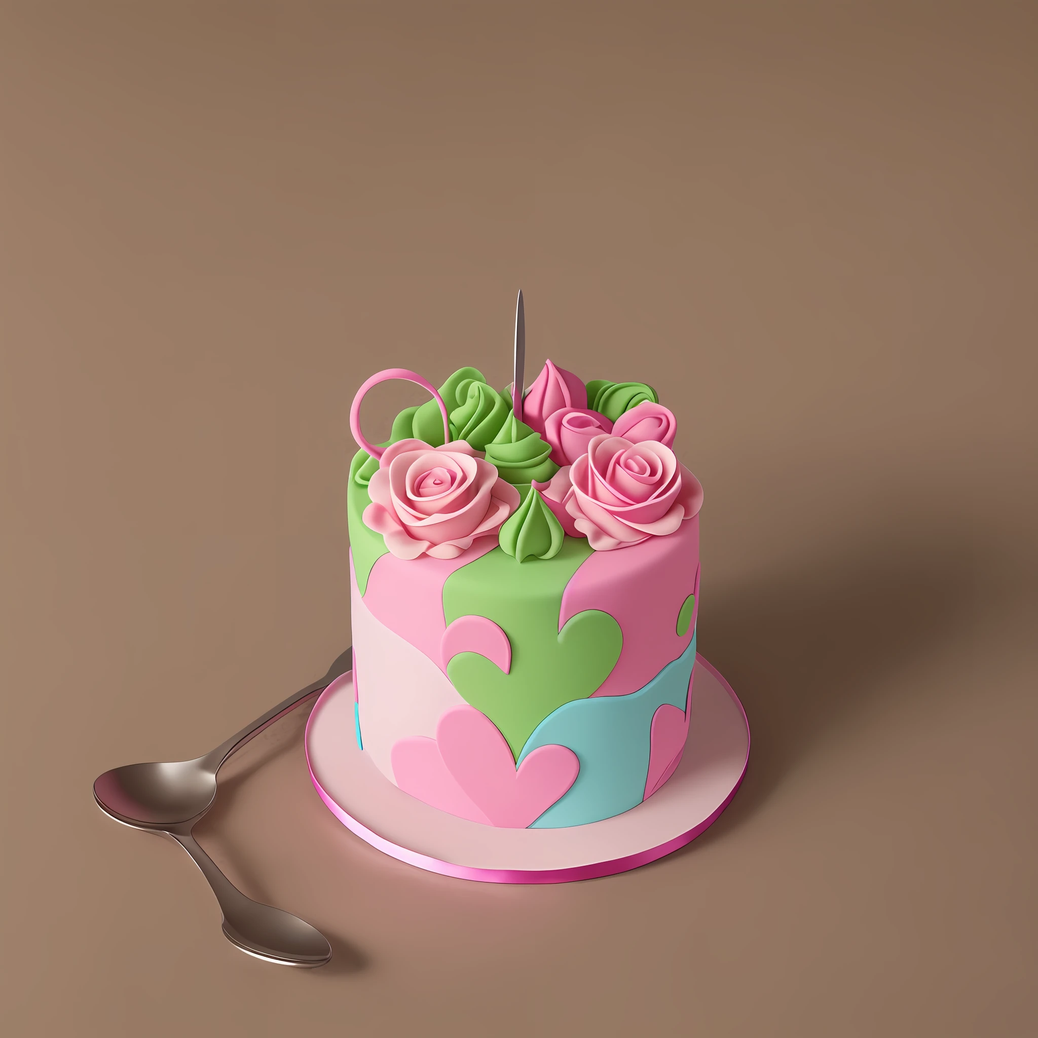 logo, minimalist, 3D, pink and green, precise, new designer, designer that reveals an icon, new symbol that refers to the confectionery, confectionery niche, cake designer, that contains a heart, with a spoon, with a rose, related to confectionery, sweets, model that conveys confectionery, 8k resolution --auto --s2