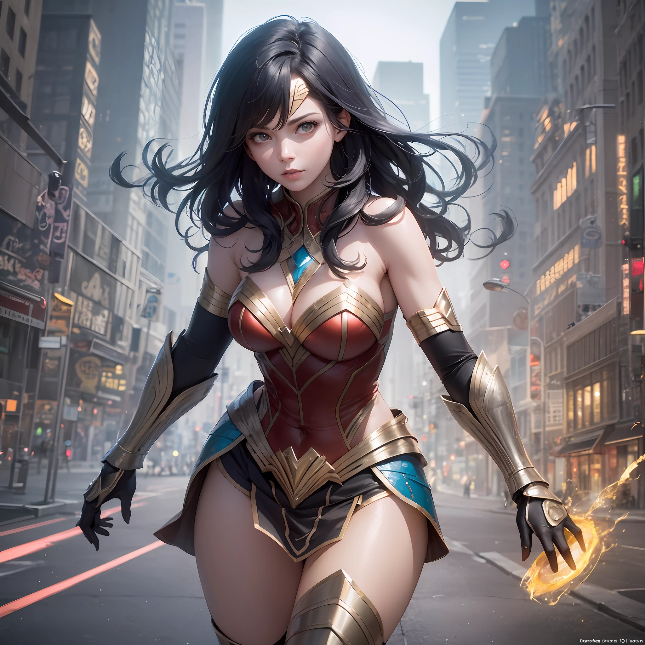 Gal Gadot in Wonder Woman's Blue Yellow and Red Costume, Medium Shot, Futuristic, Sci-Fi, Fantasy, Intricate, Very Beautiful, Elegant, Highly Detailed, Digital Painting, Artstation, Concept Art, Soft Light, Hdri, Soft Focus sharp, illustrative, 4k, Combining a realistic CGI aesthetic and Matt Reeves-inspired sci-fi fantasy backlighting, The beautiful and highly detailed piece elegant yet powerful, with every detail of the iconic suit enhanced by harsh, diffuse light emanating from an HDRI. The art style is sophisticated and polished, with soft, sharp focus reminiscent of the best work done in Adobe Photoshop. The composition uses a long exposure technique, creating a blurred effect in the background of an old town that accentuates the sharpness and focus of the protagonist. The chaos level is set to 60, infusing the scene with a sense of dynamism and energy. Cellular Shading, Tone Mapping, CGI, VFX, SFX, Incredibly Detailed & Intricate, Hypermaximalist, Dynamic Pose, Photography, Volumetric, Ultra Detailed, Intricately Detailed, Super Detailed, Ambient Light, hyperrealistic Photography --auto --s2