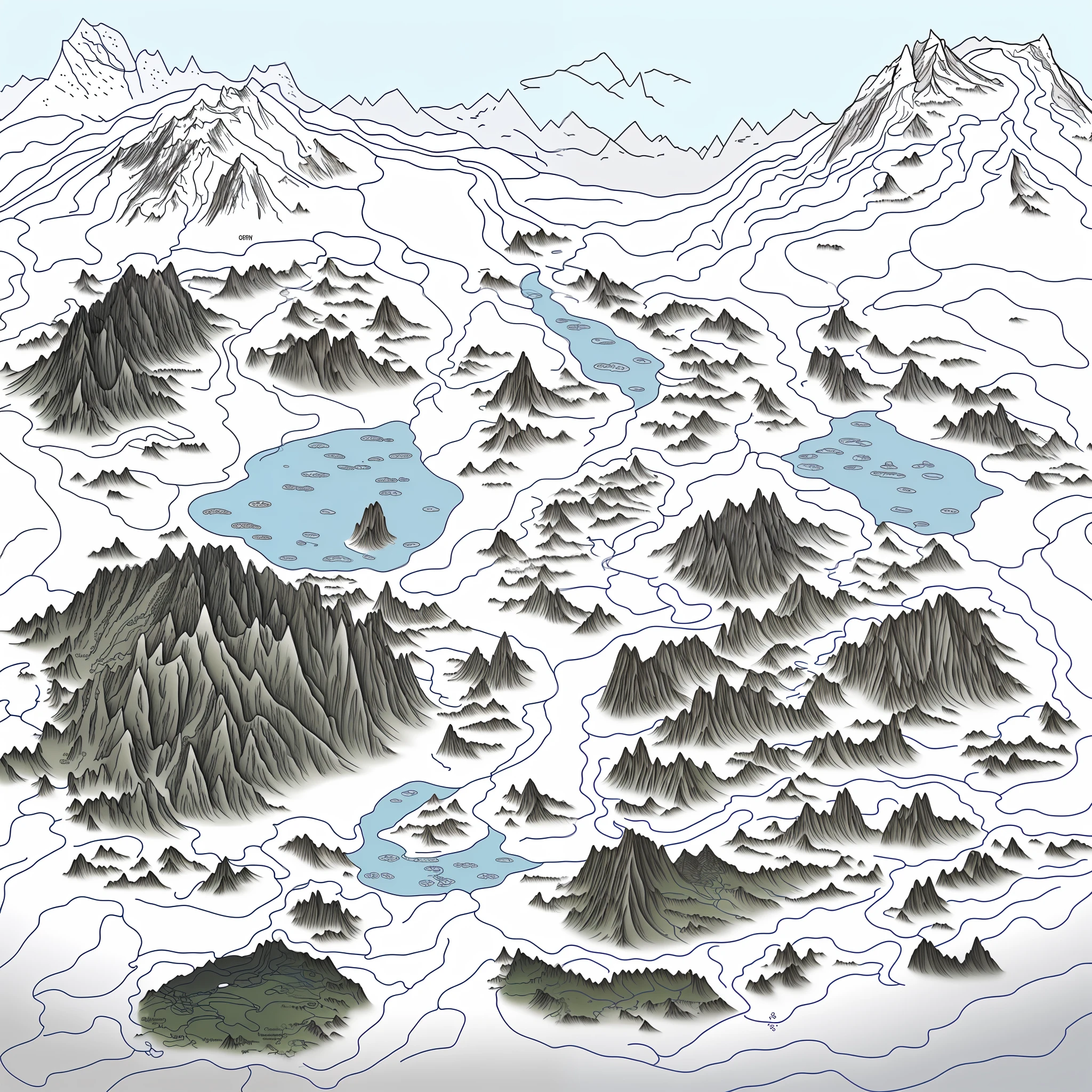 Create a map using this image as reference, using the contours and shapes to design a new map, 8K resolution, high quality, beautiful lines, well-detailed, including mountains, lakes, trees, adding more details, RPG map, medieval fantasy map, continent of Gelydium.