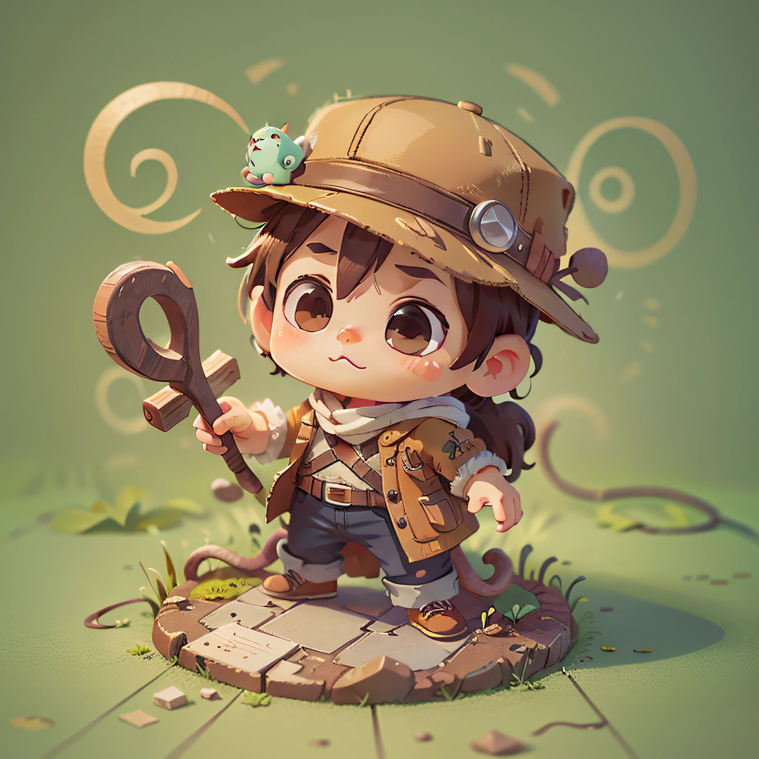 cute, chibi, mice, PFP, bigbadejo, portrait, masterpiece, 3D Rendering, Best Quality, Lots of Detail, (plain background), vinyl toy figurine, (perfect hands), male, indiana jones movie, hat, whip, brown clothes