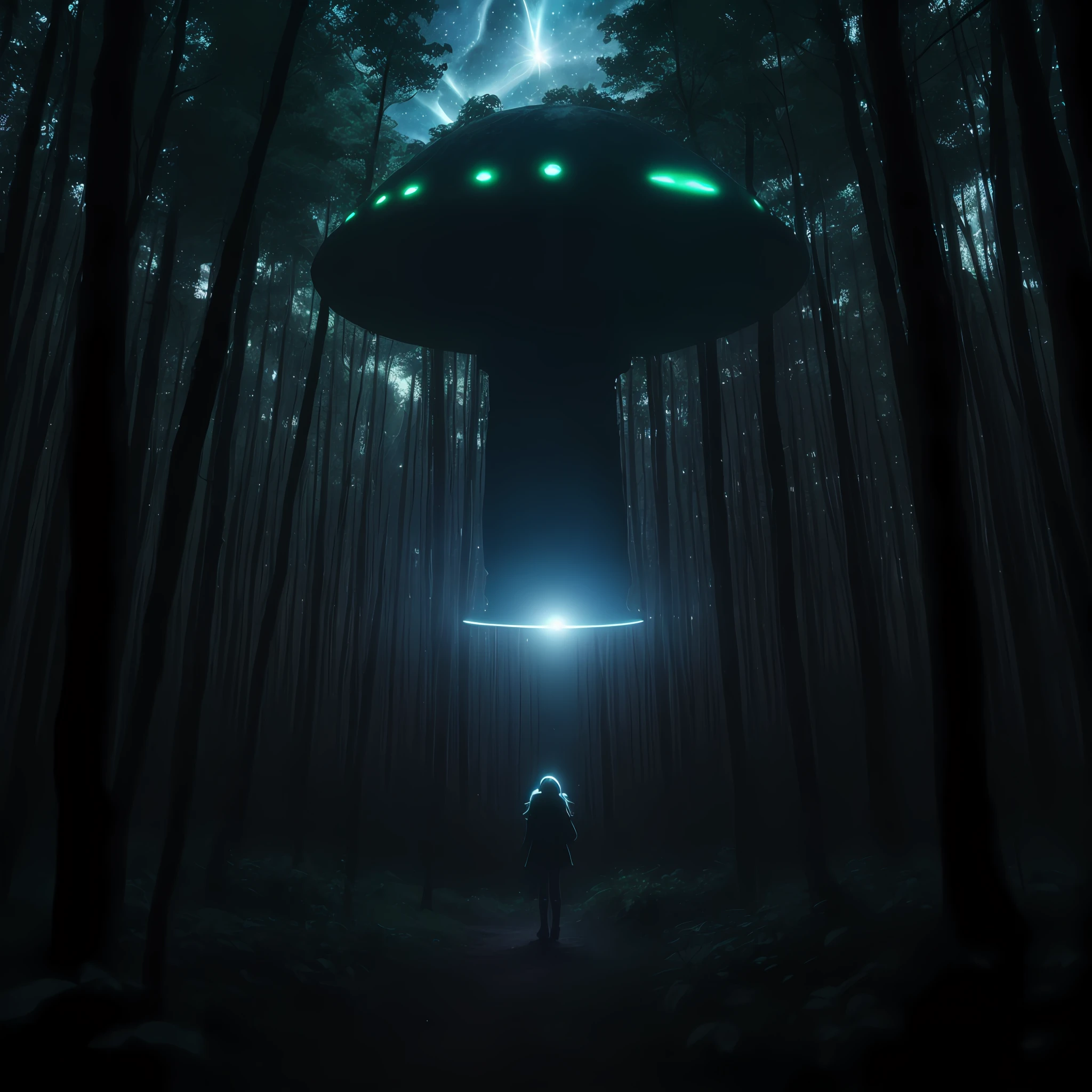 There's a girl in the middle of a forest at night being abducted by a gigantic alien in the sky, central alignment composition, closeup, neon lights, Lens Burn, high detailed, chromatic freak, 8K resolution, ultra-realistic, perfect shading, real camera lens, foundfootage camera, 90s camera texture, lens blur --auto