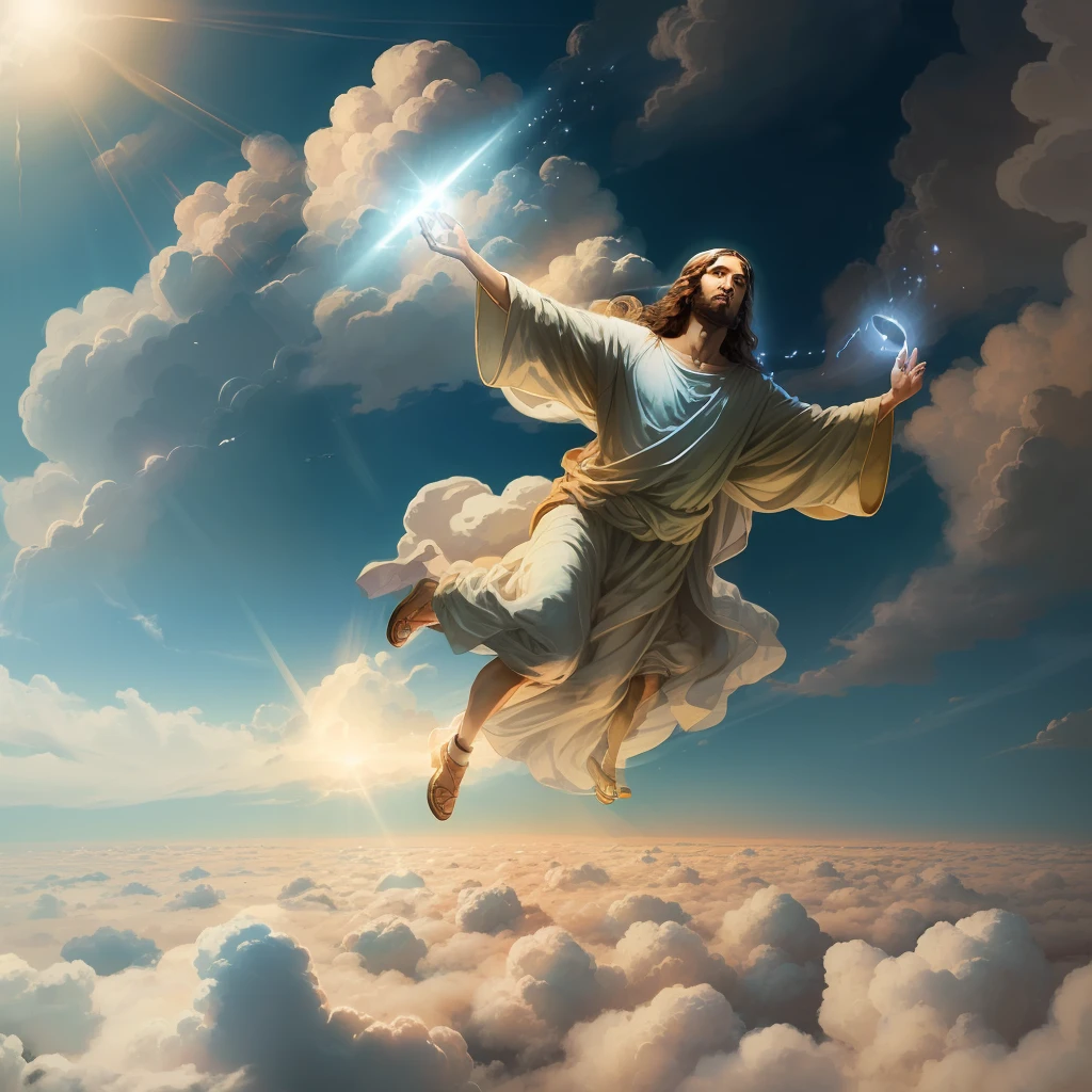 Jesus floating in the air on top of clouds with a light shining brightly on his face --auto --s2