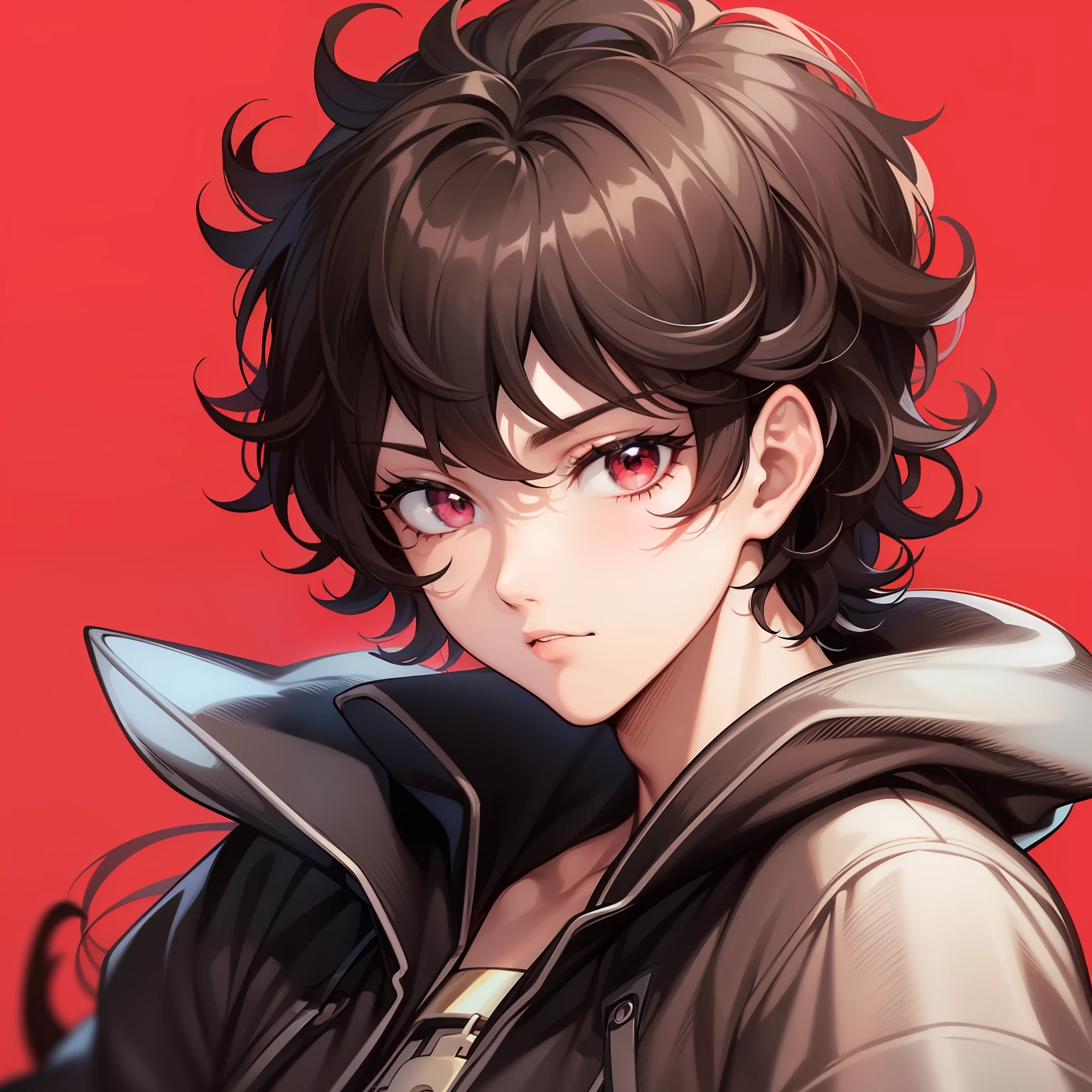 Black boy with dark brown curly hair, looking at camera, 80s anime vibe, 80s anime art style, retro anime girl, red background, dark aesthetic, goth aesthetic, emo, max quality, 8K