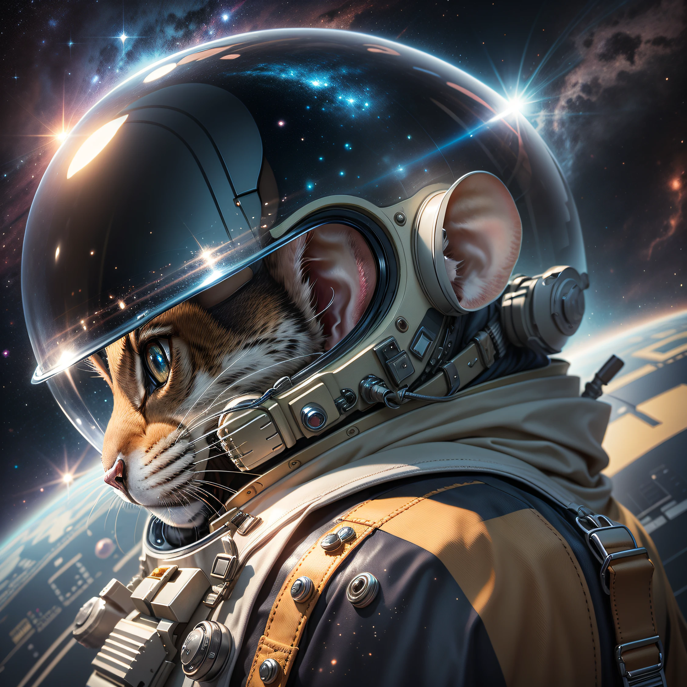 Space mouse, ultra-realistic, animal with beautiful and sharp hair, wearing space helmet, RAW, 16:9, --v5