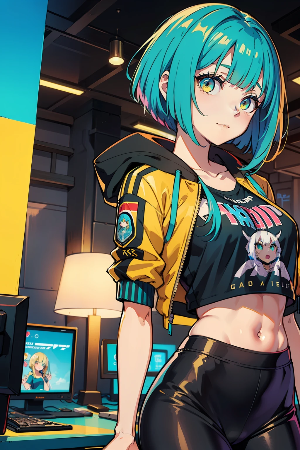 anime style, (masterpiece:1.3), (best quality), A modern and cheerful haircut would be an asymmetrical bob with colorful locks. shredded bangs, "Gamer Style" outfit: A gaming-themed T-shirt, paired with tight leggings and a bomber jacket with fun details, , looking forward, full-body portrait, vtube pose, turquoise blue hair, light yellow eye,