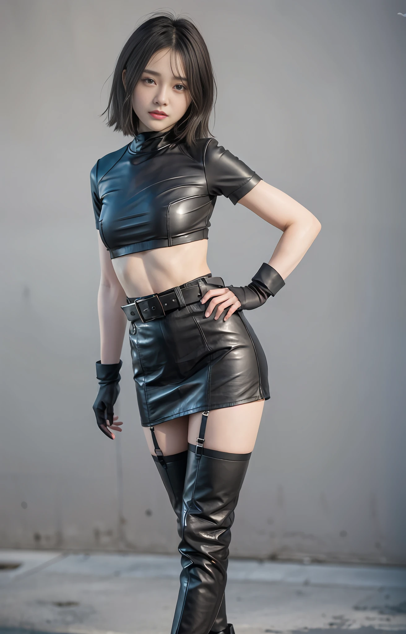 Official art, extremely detailed CG Unity 8k wallpaper, best quality, masterpiece, high resolution, beautiful girl ninja, short hair, black crop top leather armor, brown belt, scabbard on thigh, Japanese sword, leather armor, leather gloves, black mini-leather skirt, black over-the-knee flat boots, tight leather suit, leather texture, black mask, full body photo, melon seed face, small face,