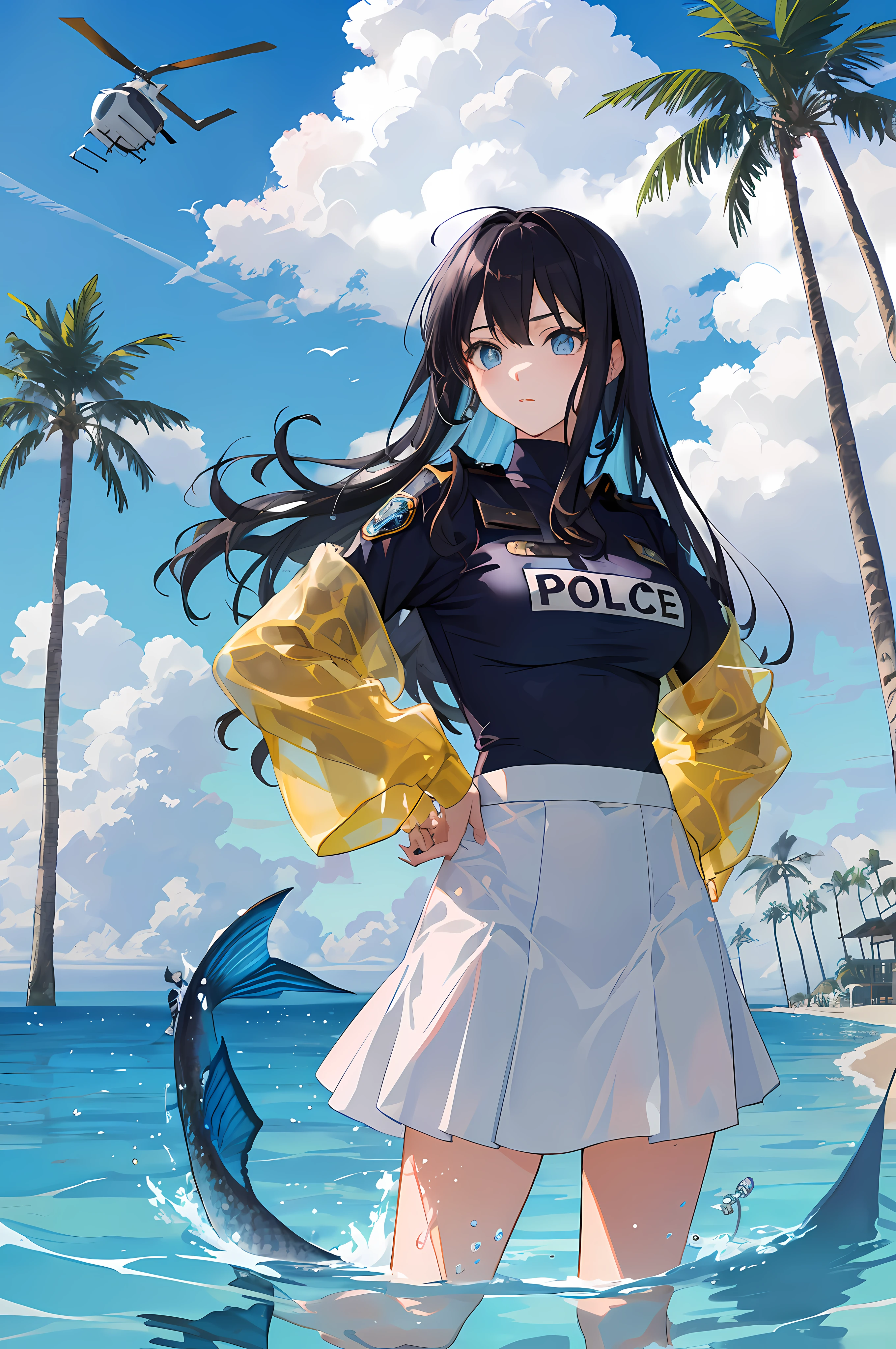 art by Cornflower, dreamy, (A beautiful, aged, anime-style girl with blue eyes and long, black hair, wearing a pale yellow, shiny, long-sleeved, open-chest, long skirt swimming suit with a pink, white, and yellow, heart on it is posing with her hands on her hips, in front of a beach and a bright, blue sky with clouds in it, there are palm trees in the background on both sides of the picture, and there are lots of blue and yellow fish swimming in the ocean, and there is a police helicopter with lights on it flying over the girl)
