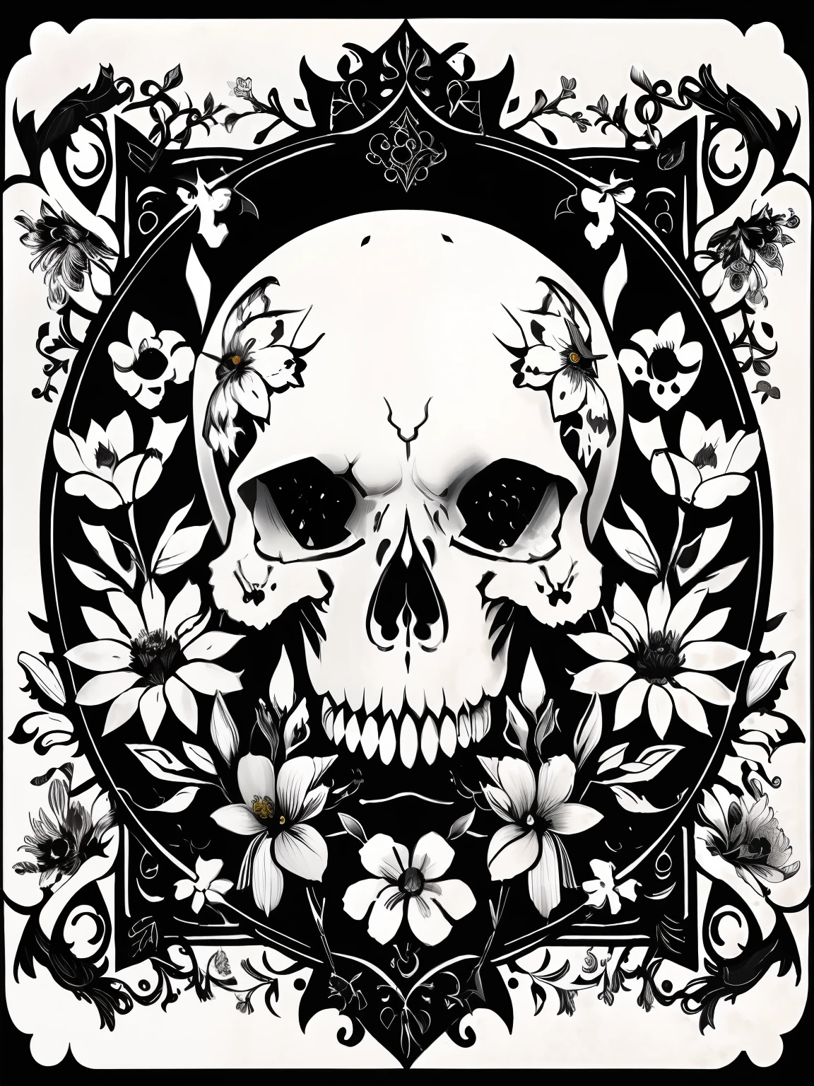 (Best quality), (masterpiece), (ultra detailed), (high detail), (extremely detailed), ghoul skull + black and white ink + detailed texture + magic + symmetrical + symmetry + bouquet of flowers + flowers + vines + detailed ink illustration + rebirth symbols + tarot card with ornate border frame + dark atmosphere + flowers + white, black and white background, coloring page, vector, black and white, 8k