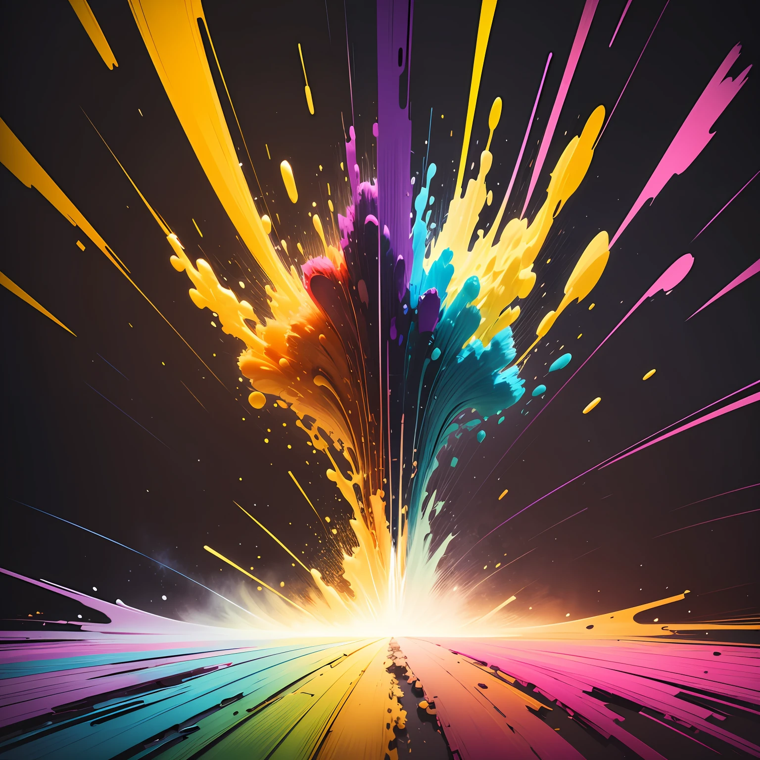 "Develop an abstract illustration depicting an explosion of vibrant colors. Create brush strokes or animated strokes in motion, with different thicknesses and directions. Use an intense color palette, such as red, orange, yellow, pink, blue, green, and purple, to convey energy and creativity. The background should be white to highlight the colors. Make sure the end result is bold, striking and conveys a sense of originality." --auto