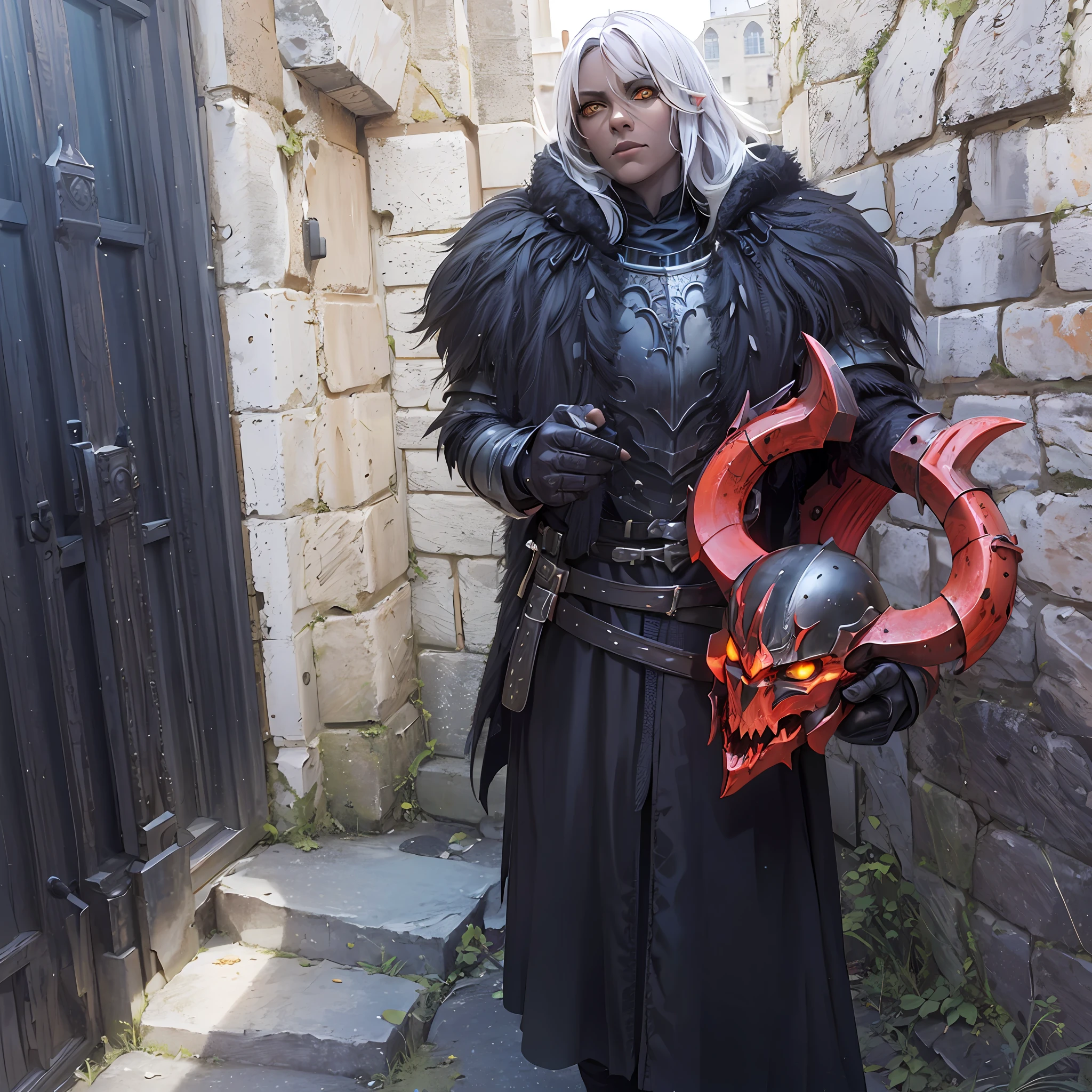 Black knight, castle at night, Gothic Realistic, 4k, brown skin, straight white hair, yellow eyes, holding a demon helmet