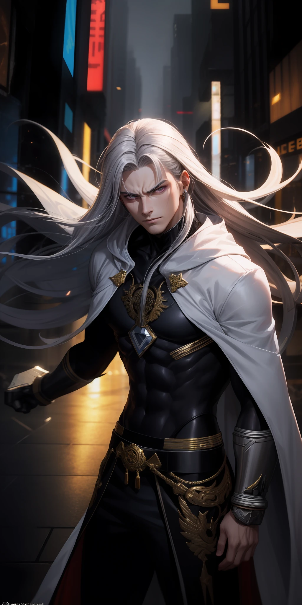 God of 25 without a condom, wearing a white robe with golden details, with long hair of silver color, with an evil look, in fighting pose, Cyberpunk, silver skin, purple eyes, silver aura