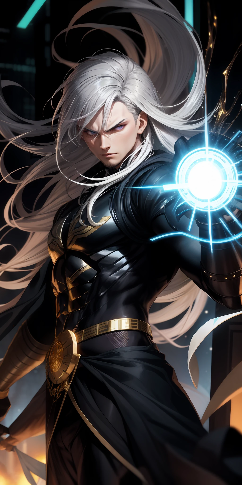 God of 25 without a condom, wearing a white robe with golden details, with long hair of silver color, with an evil look, in fighting pose, Cyberpunk, silver skin, purple eyes, silver aura