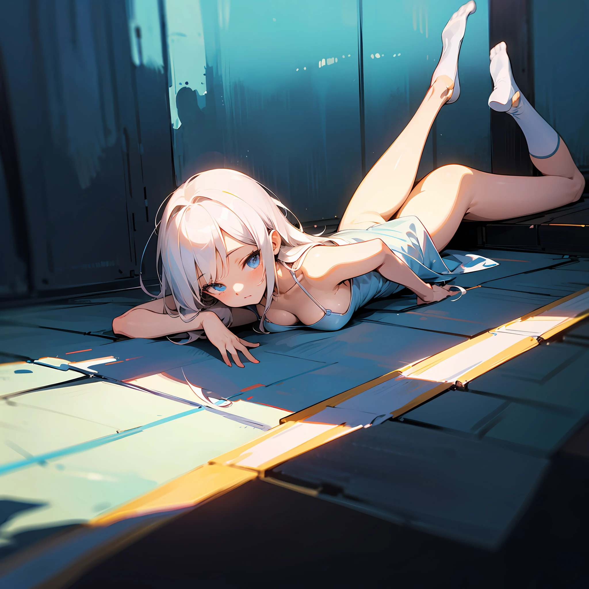 ((Best illustration)), super clear and delicate, lying position, li style, white hair, clear eyes, small body, big breasts, with leg rings.