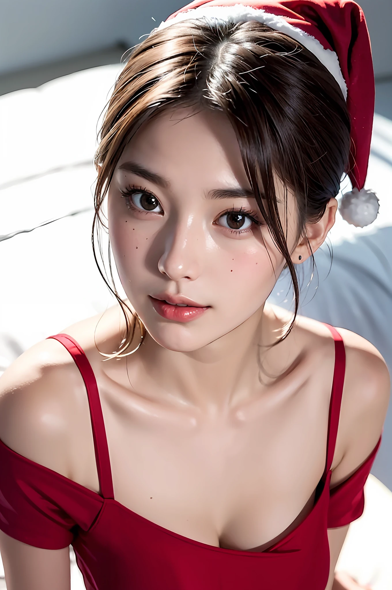 ((masterpiece, top quality, high definition)), one girl, ((Santa Claus costume, Santa Claus hat)), (photorealistic: 1.4), solo, white background, snow-white background, ((from above, slightly above, looking up at the viewer, looking up, looking up at the camera, staring at the camera)), closing mouth, happy smile, happy smile, pretty black hair, Short hair, big eyes, pronounced double eyelids, eyelashes, ears out, long neck, long neck, absolute area, (draw all head, shoulders), 19 years old, attractive proportions, shiny skin, clean collarbone, face in golden proportions, perfect face, teary mole, mole on chest, bangs, clean bangs, lip gloss, thin lips, pale skin, naked, big breasts, breastfeeding with arms, small face, small face