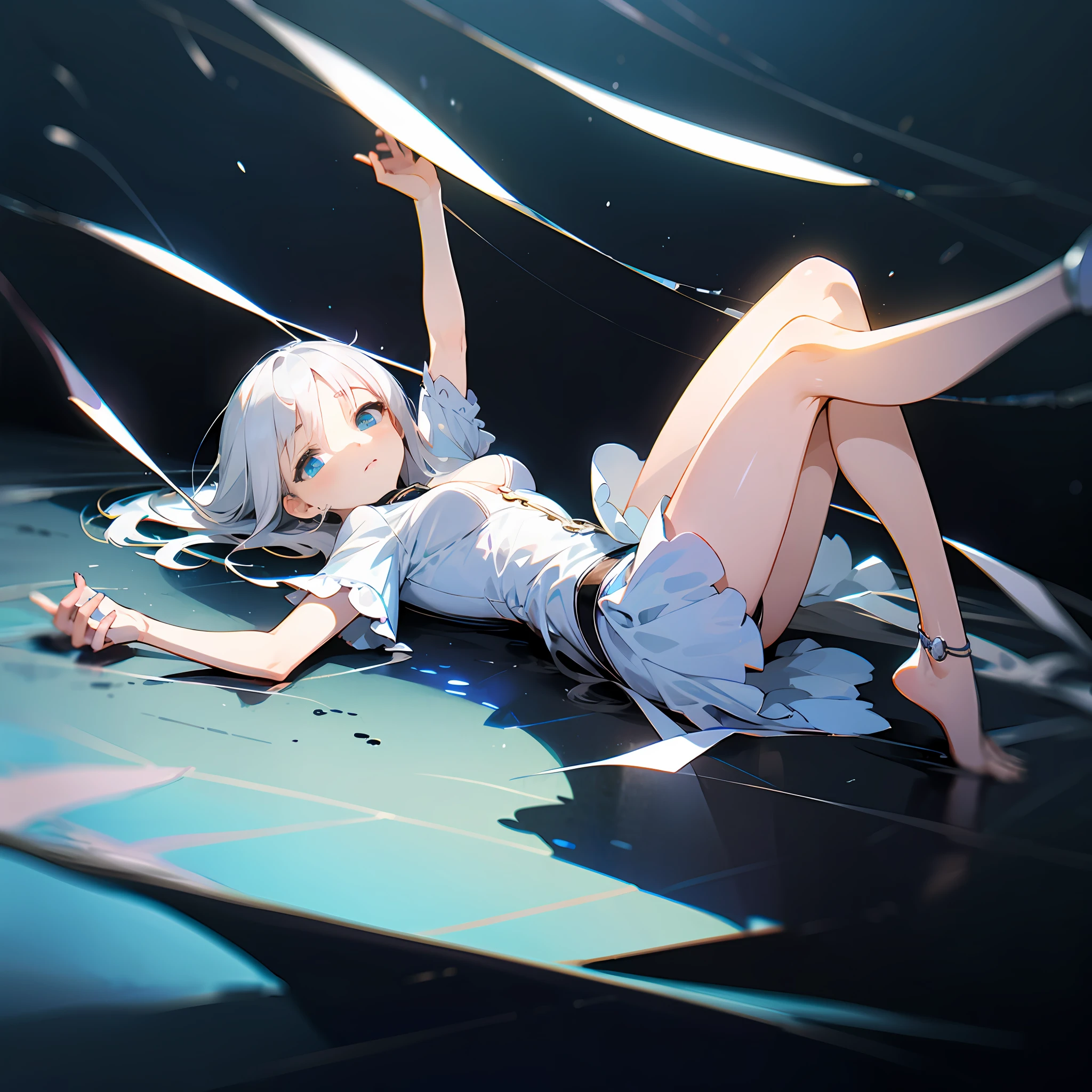 ((Best illustration)), super clear and delicate, lying position, li style, white hair, clear eyes, small body, big breasts, with leg rings.