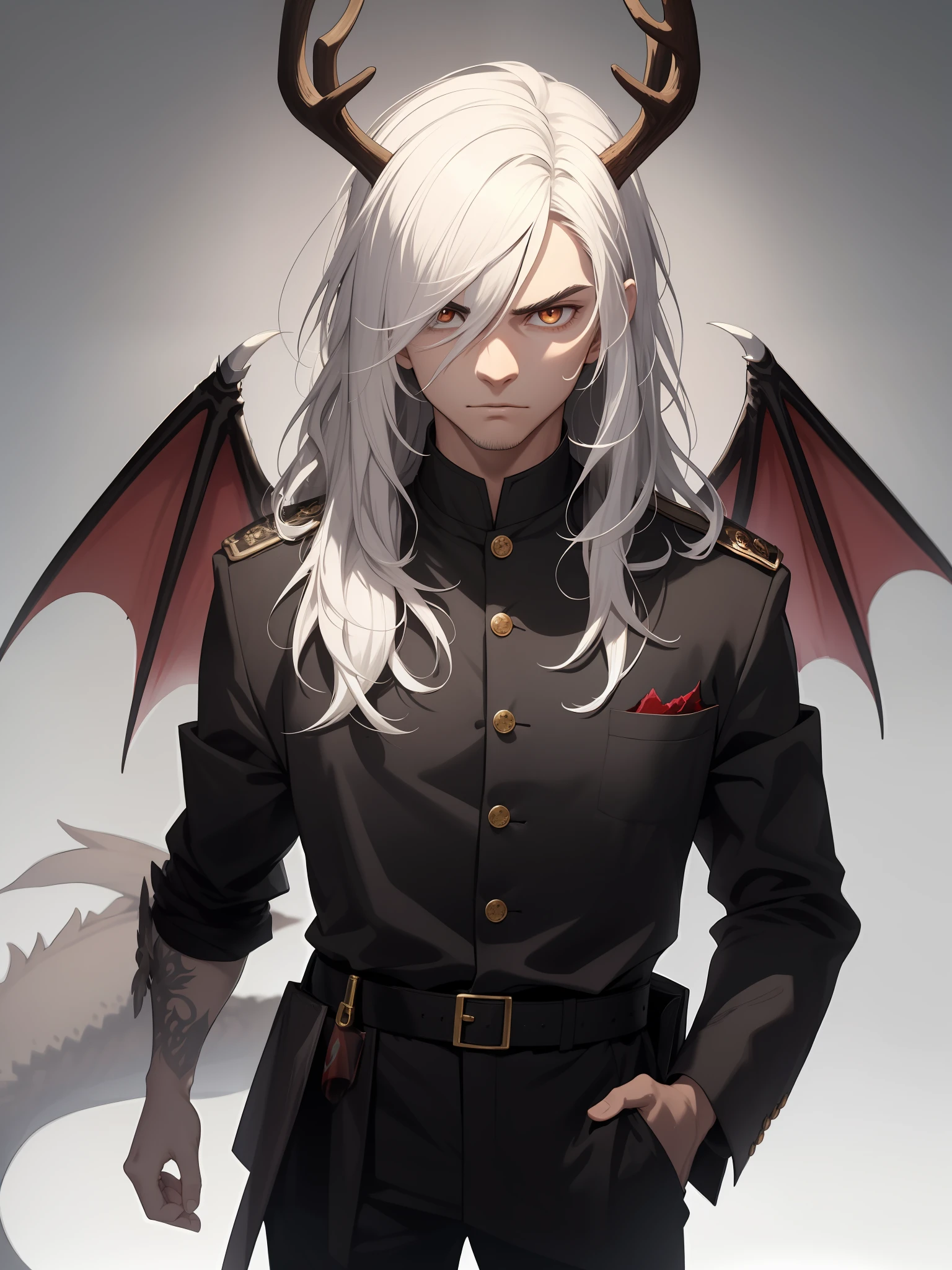 Young man with white hair that resembles a mane, with three eyes on the left side of his face, dragon wings and with fox syrup, evil look, with deer antlers