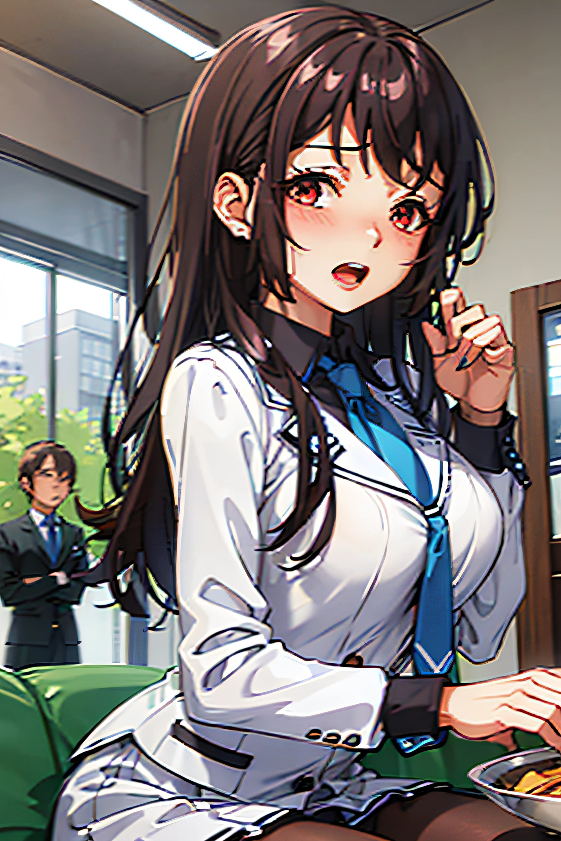 houjou kaori,red eyes, black hair, long hair, straight hair, (blue necktie:1.2), collared shirt, black shirt, white jacket, miniskirt, white skirt, open clothes, brown pantyhose,
1girl,(remote_play,remote_vibrating:1.3),open mouth, closed eyes,nose blush,
masterpiece, best quality,sharpening,ultra-detailed,beautiful detailed eyes,an extremely delicate and beautiful,
vulgarity,nose blush,looking at viewer,drooling,
large breasts,(hanging breasts),slim waist,spread leds