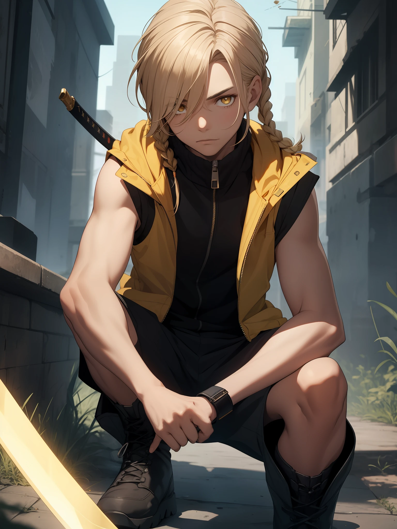 Dark brunette boy with braids in blonde hair, wearing a sleeveless padded windbreaker with cargo shorts and boots, holding a sword, golden eyes with a speck on the side of his eye