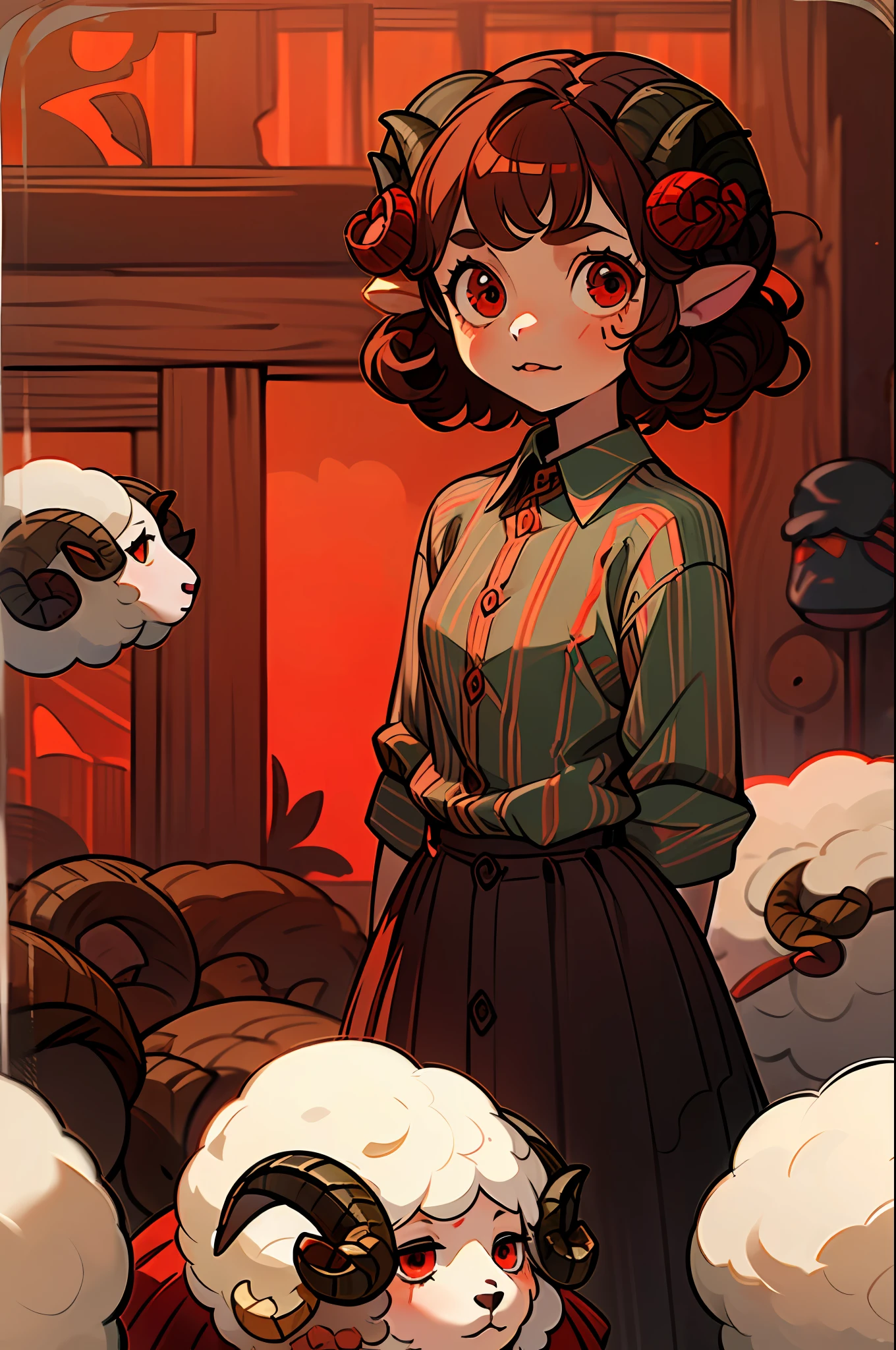 ((8 year old girl /with sheep horns):1.5) ,((brown curly hair):1.2), (wearing red striped button shirt :1.4), ((red eyes):1.3), looking at the viewer, in an (old/rustic house),4k,large hips