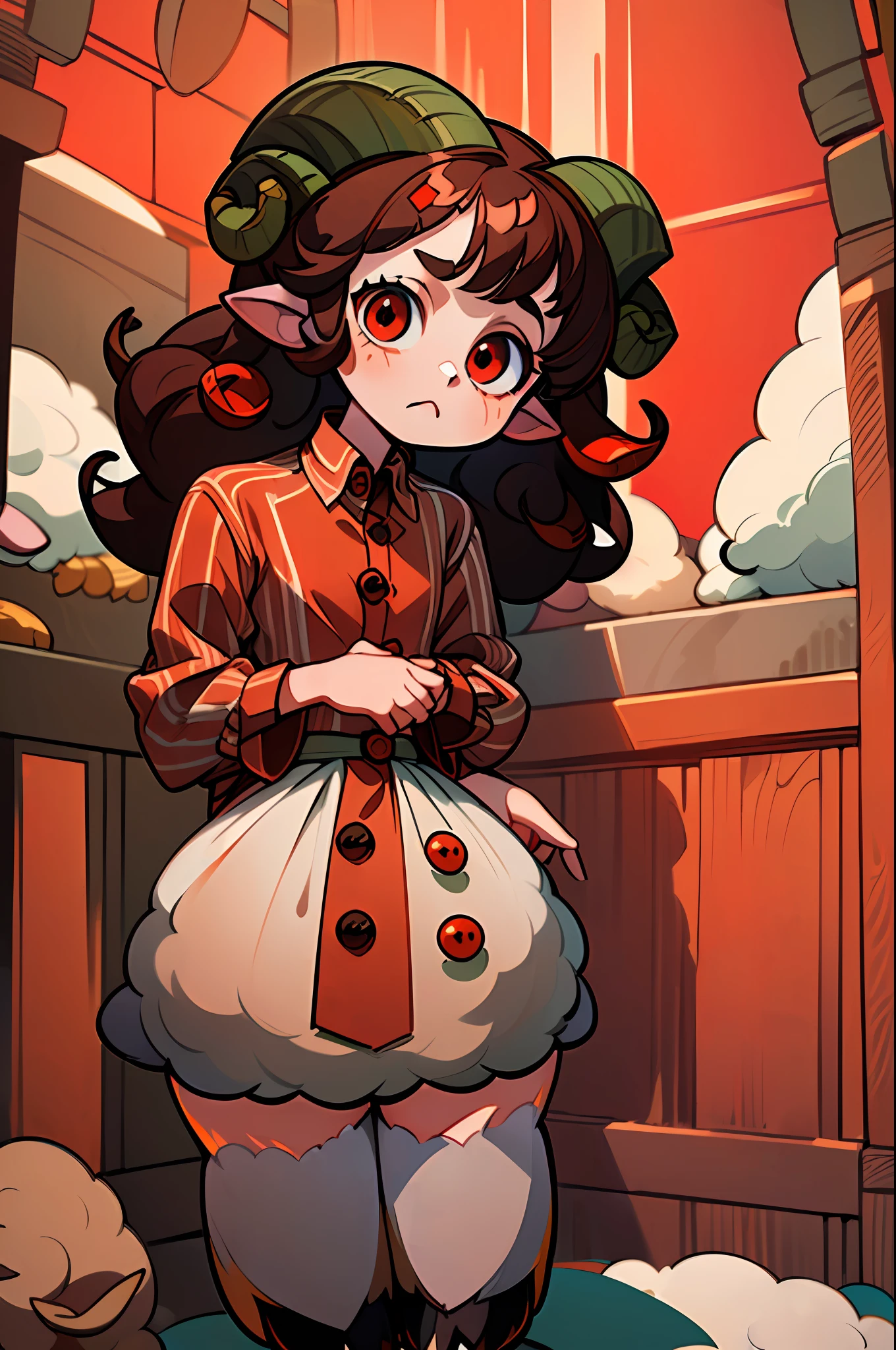 ((Full body):1.5),((*************** /with sheep's horns):1.5) ,((brown curly hair):1.2), (wearing red striped button-down shirt:1.4), ((red eyes):1.3), looking at the viewer, in a (new/modern house),4k,(large hips):1.2)