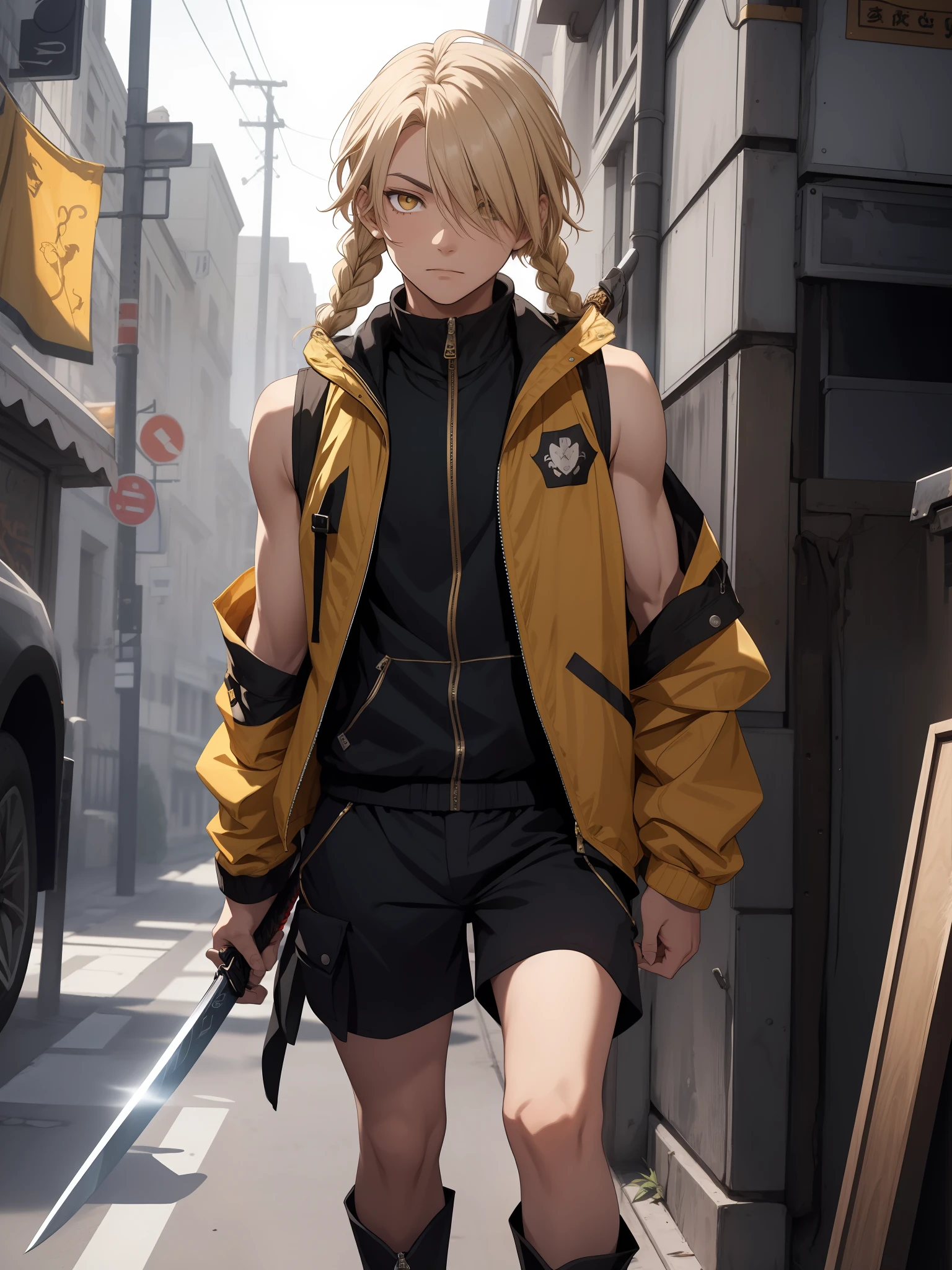Dark brunette boy with braids in blonde hair, wearing a sleeveless padded windbreaker with cargo shorts and knee-high boots and socks, holding a sword, golden eyes with a tip on the side of his eye