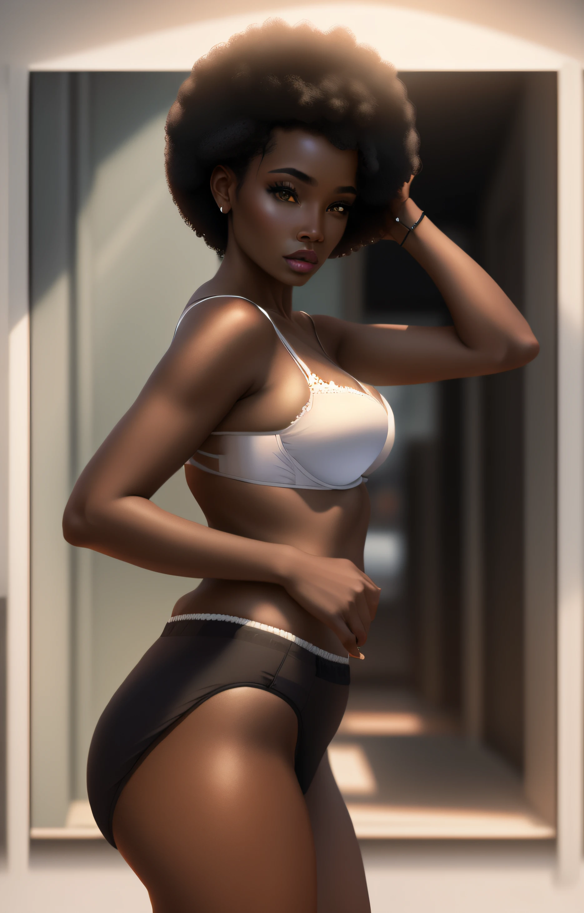 Black woman with Afro, in white bra, white cotton high cut panties, grabbing hair, realistic art style, intricate details