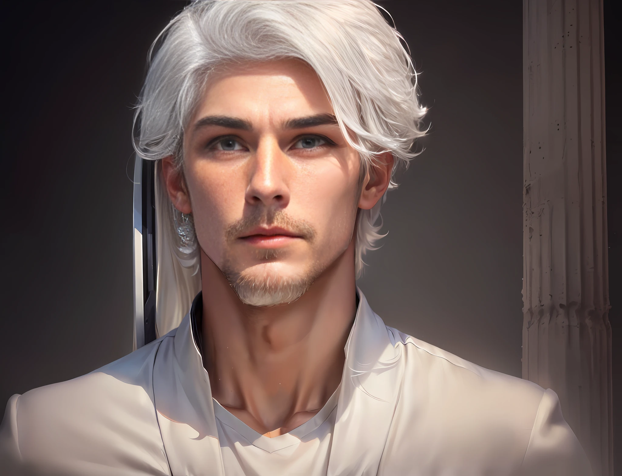Blonde man with beautiful white hair stunning realistic, attractive male, XQC, medium length straight white hair, thin man with light tanned skin, attractive beautiful face, intense white hair, blond and attractive features, handsome man, white hair and beard, white hair color, perfect beautiful face, attractive man, (Gun: Silver Scythe raised high as a sign of victory)