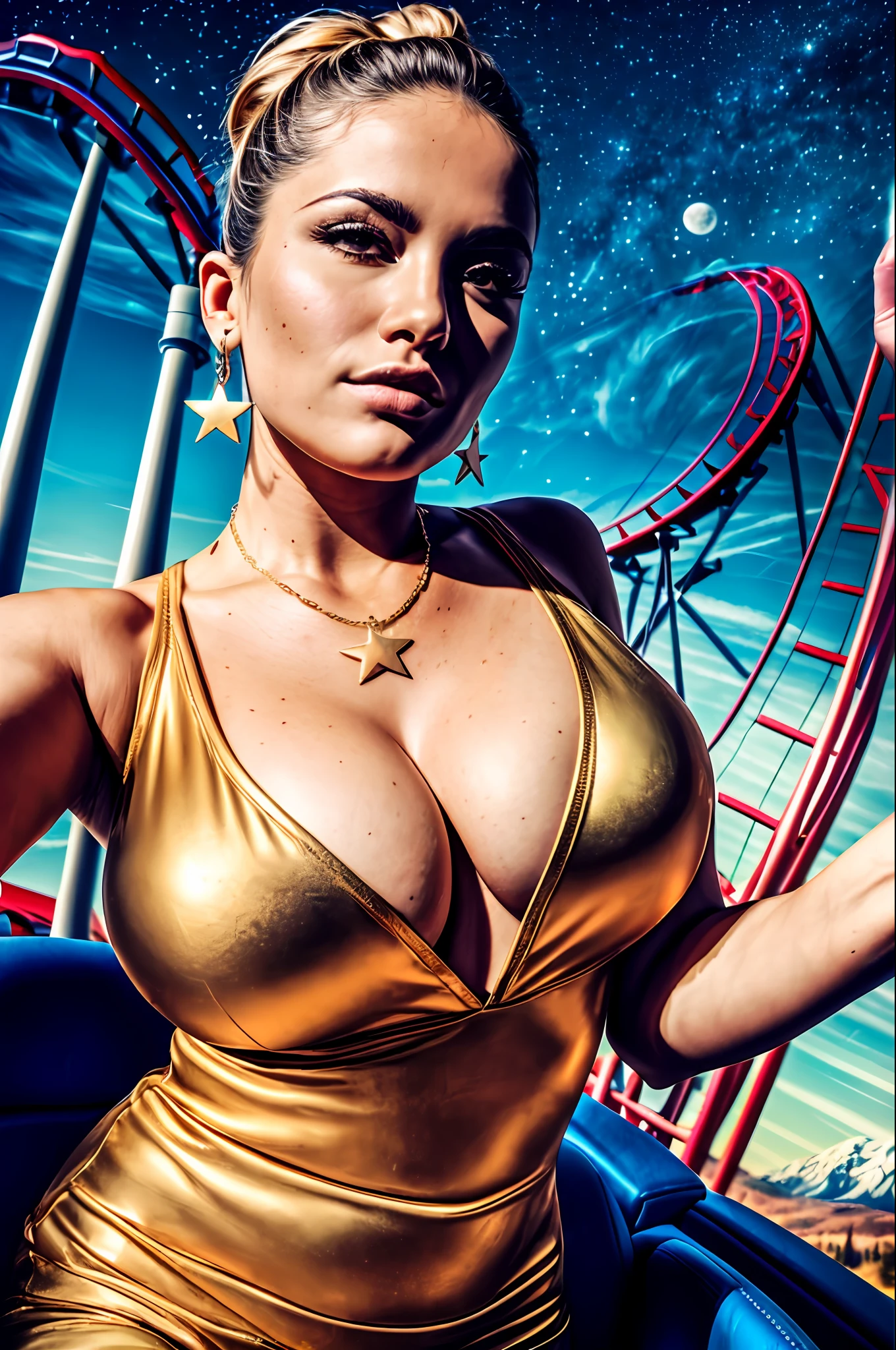 Excella Gionne, woman (on a roller coaster:1.4), square necklace, updo hairstyle, ((upper body selfie, happy)), (vertigo:1.4), (pleated skirt:0.6), looking to the viewer, (people:1.1), masterpiece, best quality, ultra-detailed, outdoors, (night), (stars, moon) cheerful, happy, gold clothing, square necklace, square earrings, lusty, face, serious face, facing viewer, looking at viewer, sultry, dynamic pose, dynamic angle, rich, luxurious, curvy aunty, flawless face, flawless skin, black hair, big breasts, cleavage, saggy breasts, heavy breasts, bossy, park, mountains, shadows, contrast, clear sky, analog style (look at viewer:1.2) (skin texture) (film grain:1.3), (warm hue, warm tone) :1.2), close up, cinematic light, sidelighting, ultra high res, best shadow, RAW, upper body, wearing pullover, kodak vision 3