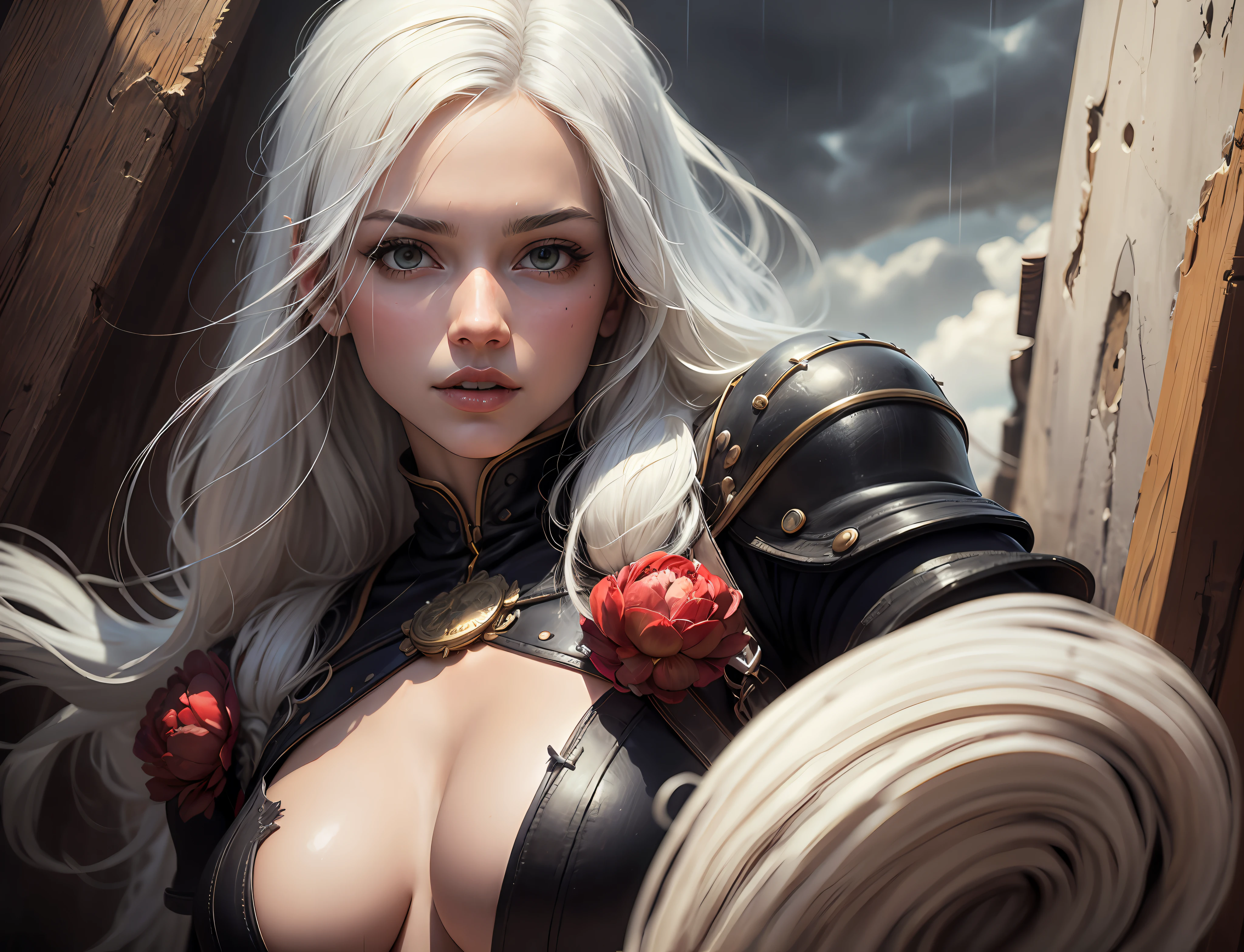 closeup of 1 Beautiful woman, 25 years of American descent, white hair, white skin, large breasts, red mouth (oil painting), 0.4, detailed, (fantasy art), muted color: 0.25, best quality, good anatomy, good composition, good proportions, good design, dynamic pose, good pose, rainy sky with realistic lightning, realistic backgrounds, (cinematic), (highest quality, award-winning, masterpiece:1.3), (art by Arthur Rackham:0.5), (((natural colors))), (photorealistic:1.4), --auto
